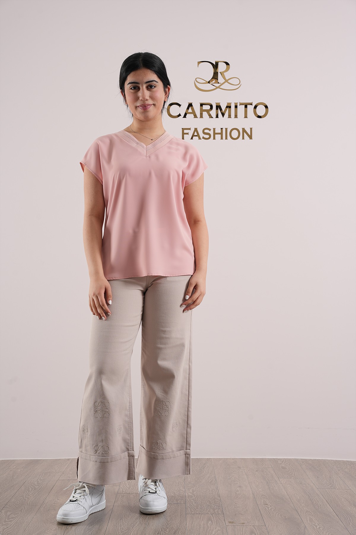 Kadın V Yaka Oversize Sade Bluz 1014 - Toz Pembe