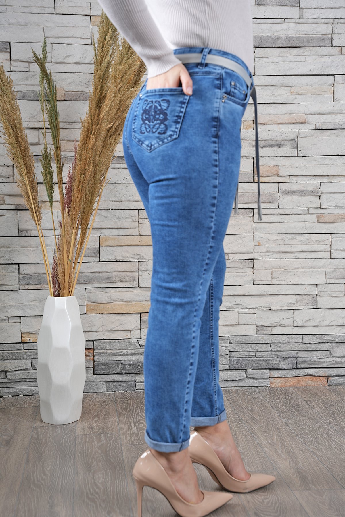 Kadın Likralı Cep Özel Nakışlı Dar Paça Jean Pantolon 10449