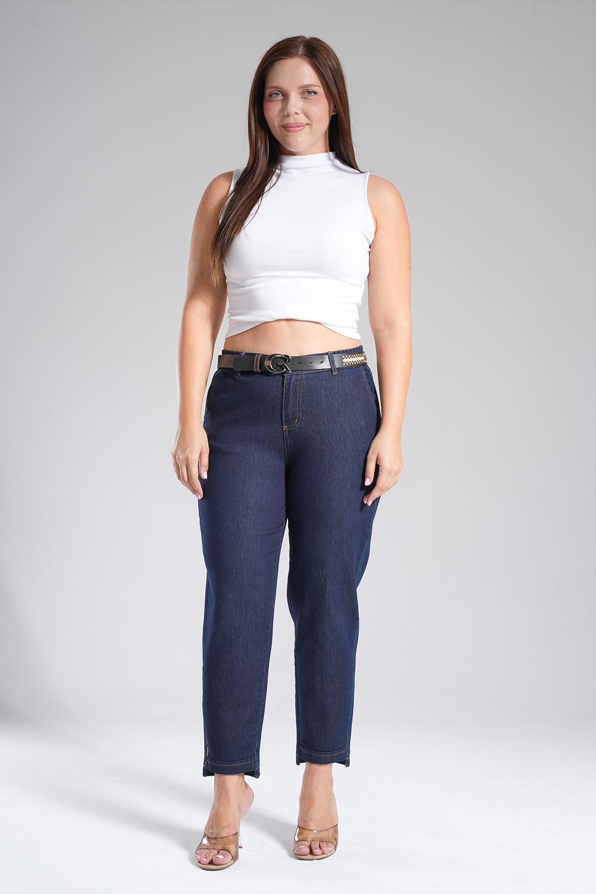 Kadın Bel Lastik Paça Duble Detaylı Mom Jean Pantolon 10613 - Lacivert