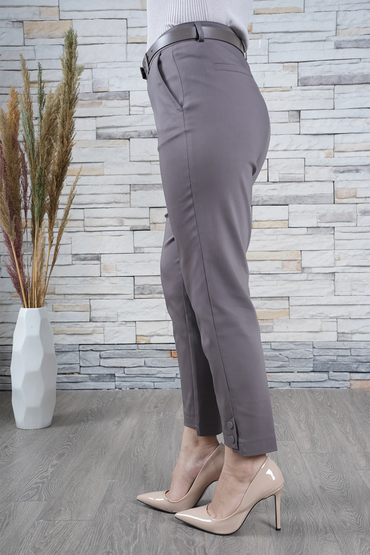 Kadın Likralı Paça Çıt Çıt Detaylı Mom Pantolon 10442 - Vizon