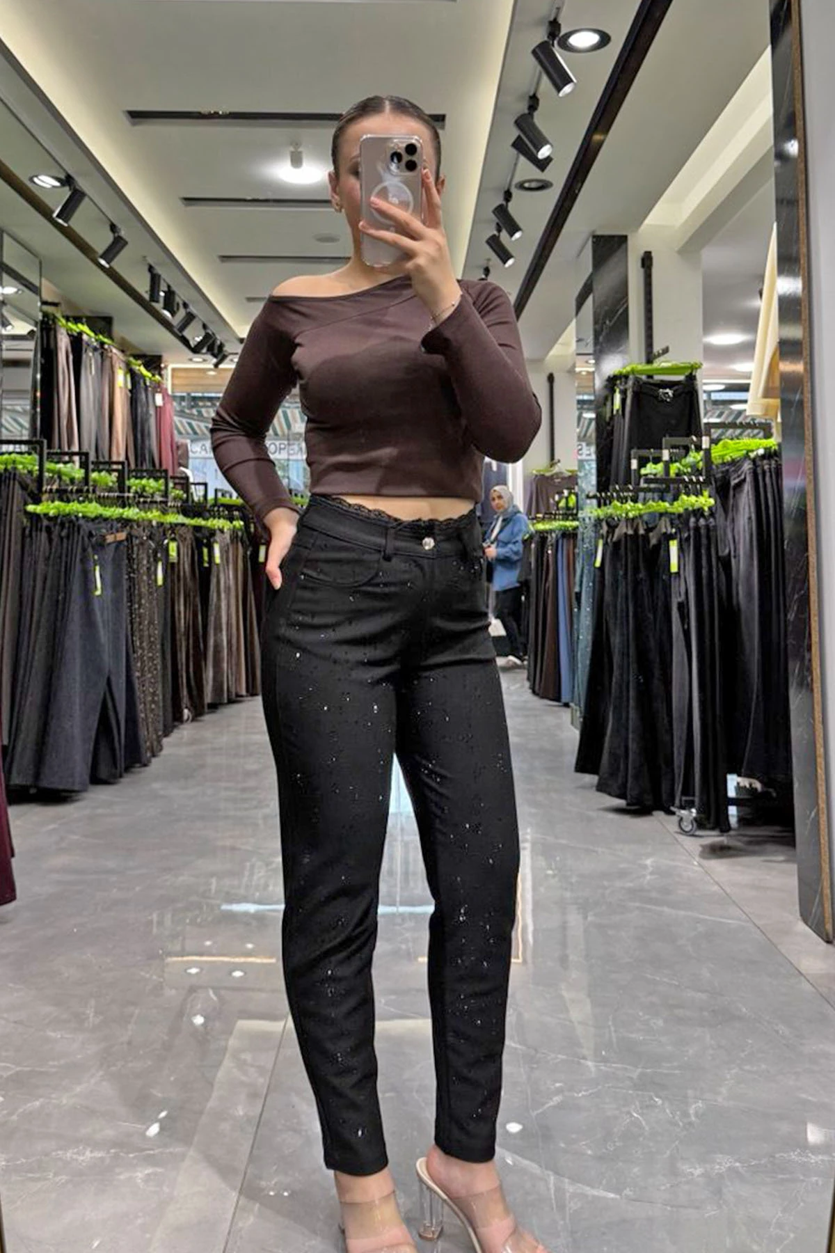 Kadın Bel Danteli Serpme Taş Detaylı Mom Örme Pantolon 10652 - Siyah