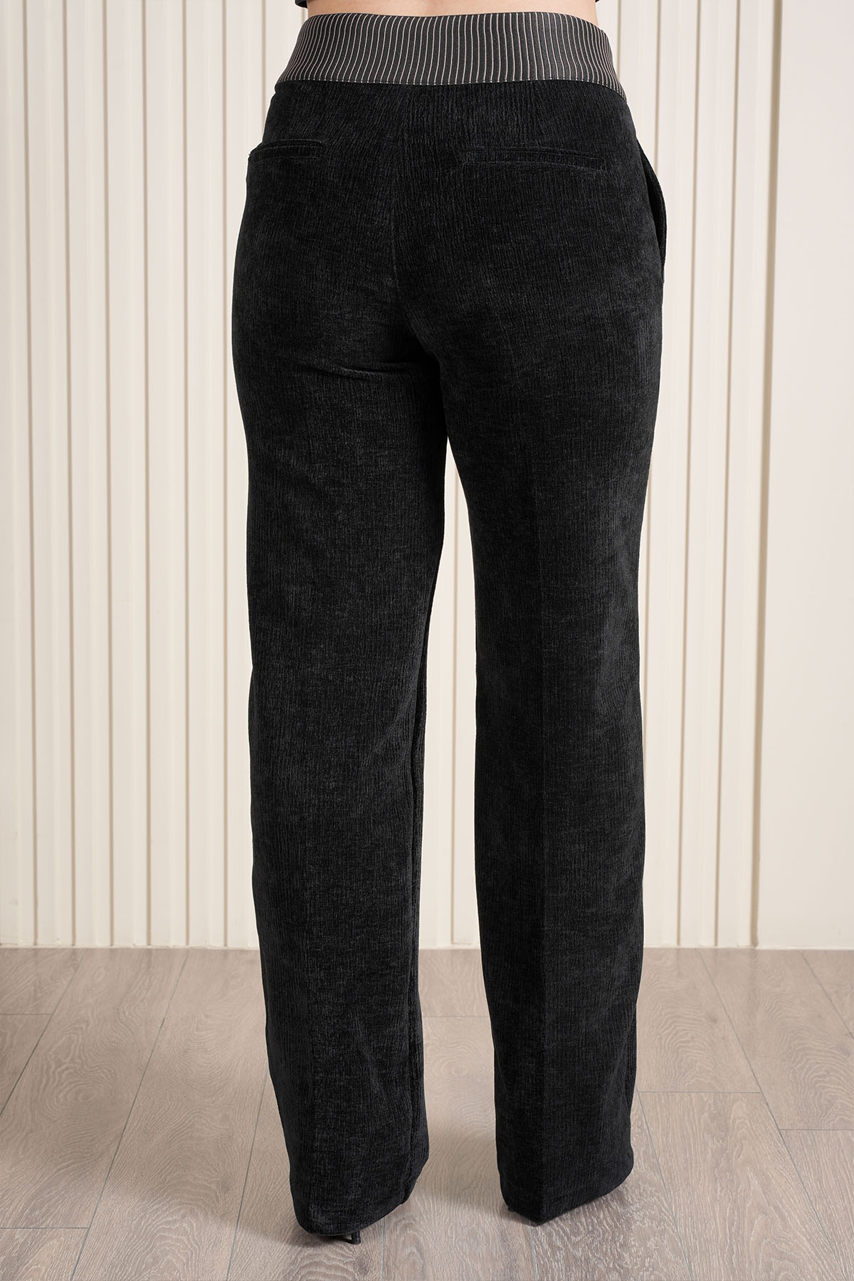 Kadın Bel Özel Tasarım Çizgili Lastikli Kadife Palazzo Pantolon 10682