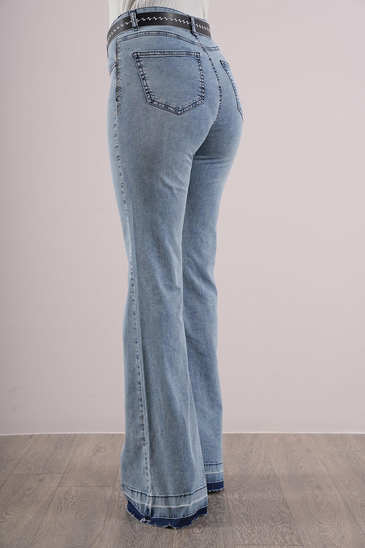 Kadın Paça Püskül Yan Taşlı İspanyol Jean Pantolon 10464