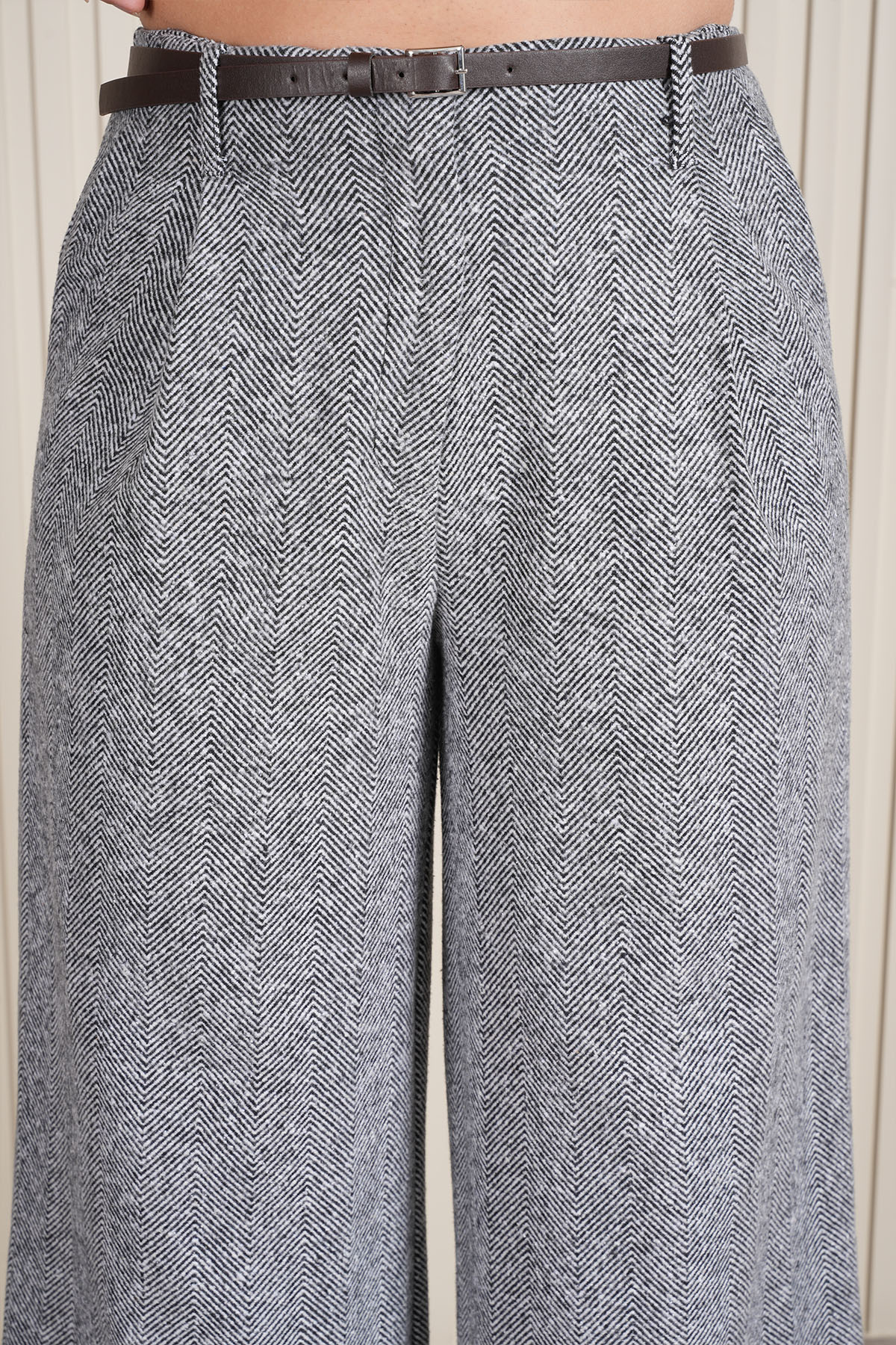 Kadın Pileli Zebra Desen Kaşe Kumaş Palazzo Pantolon 1717