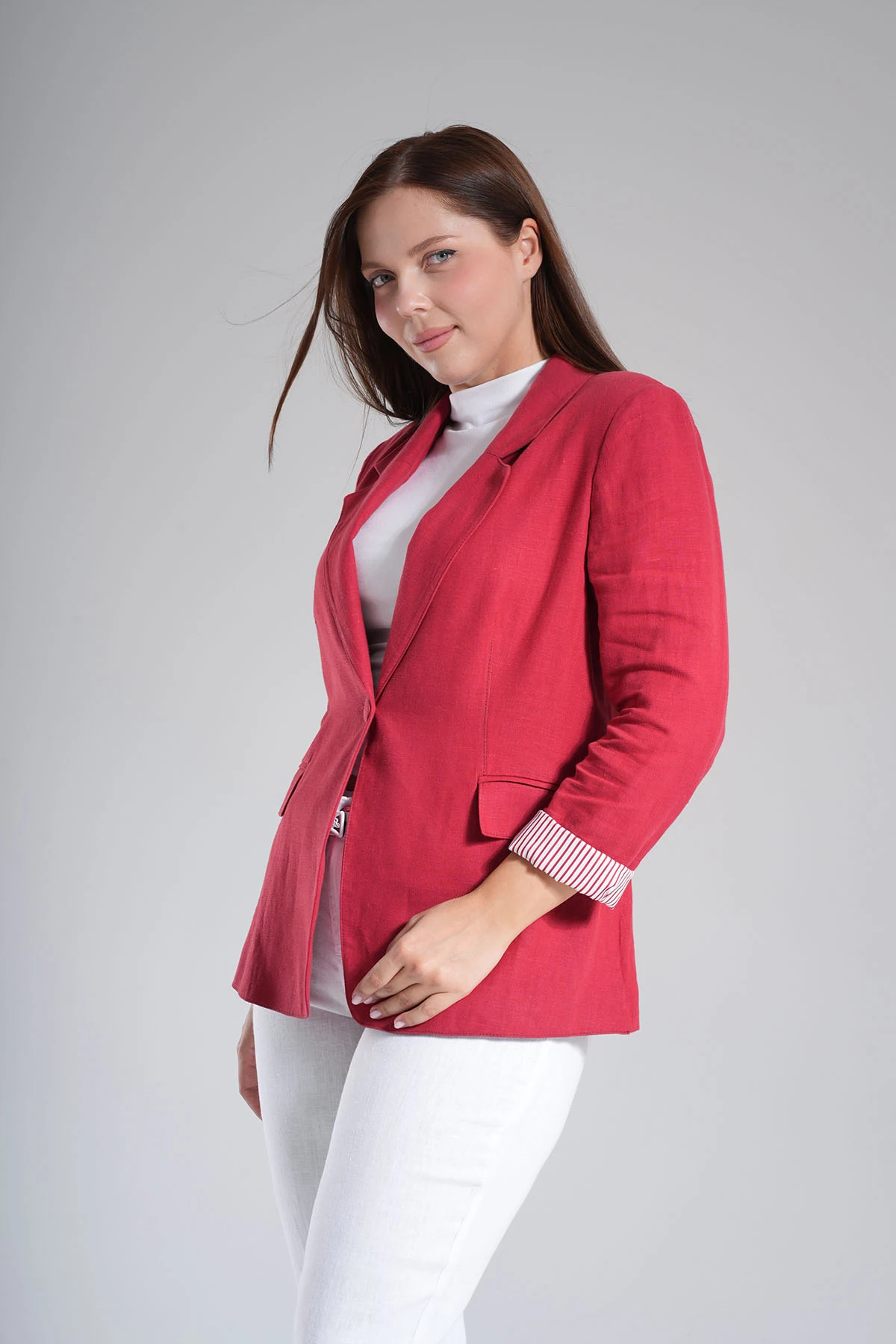 Kadın İçi Marin Astarlı Yumuşak Keten Blazer Ceket 2001