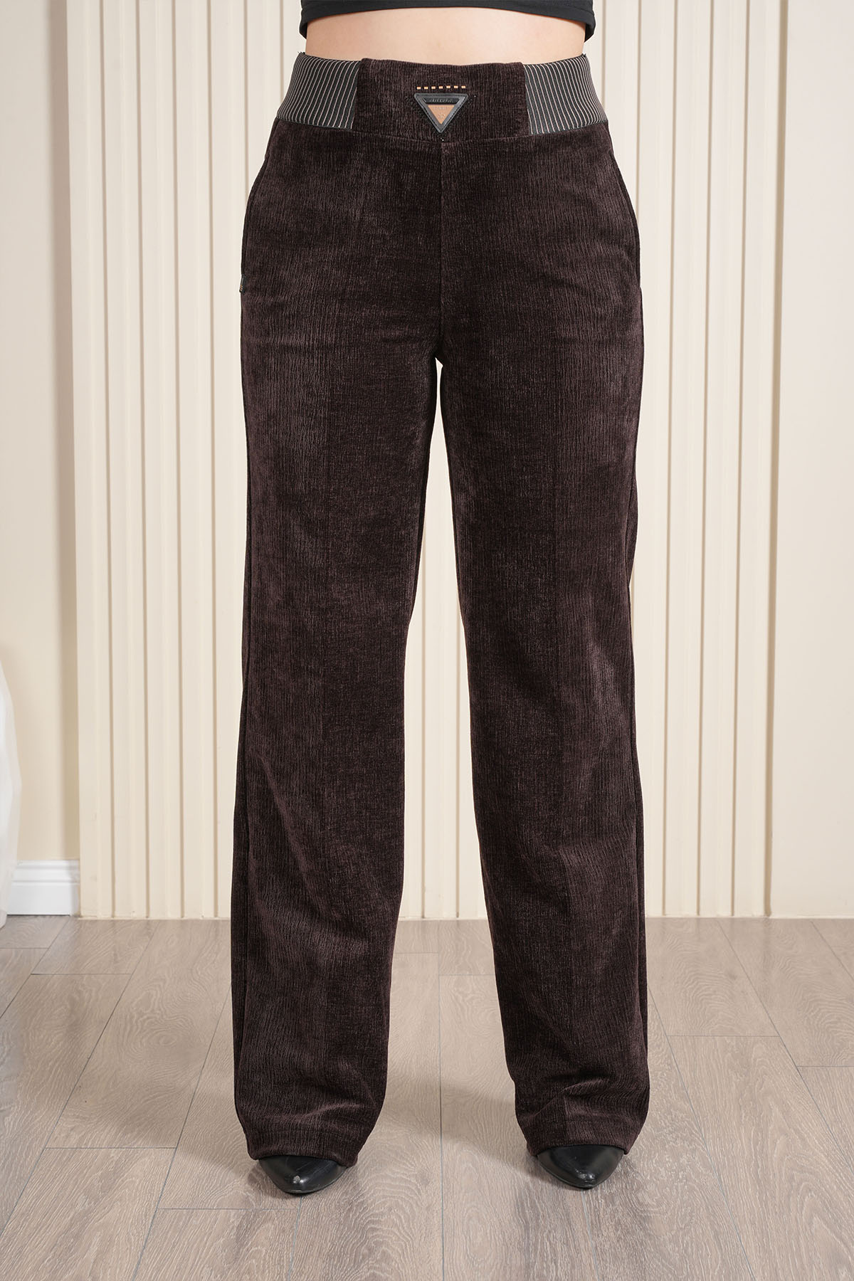 Kadın Bel Özel Tasarım Çizgili Lastikli Kadife Palazzo Pantolon 10682 - Acı Kahve