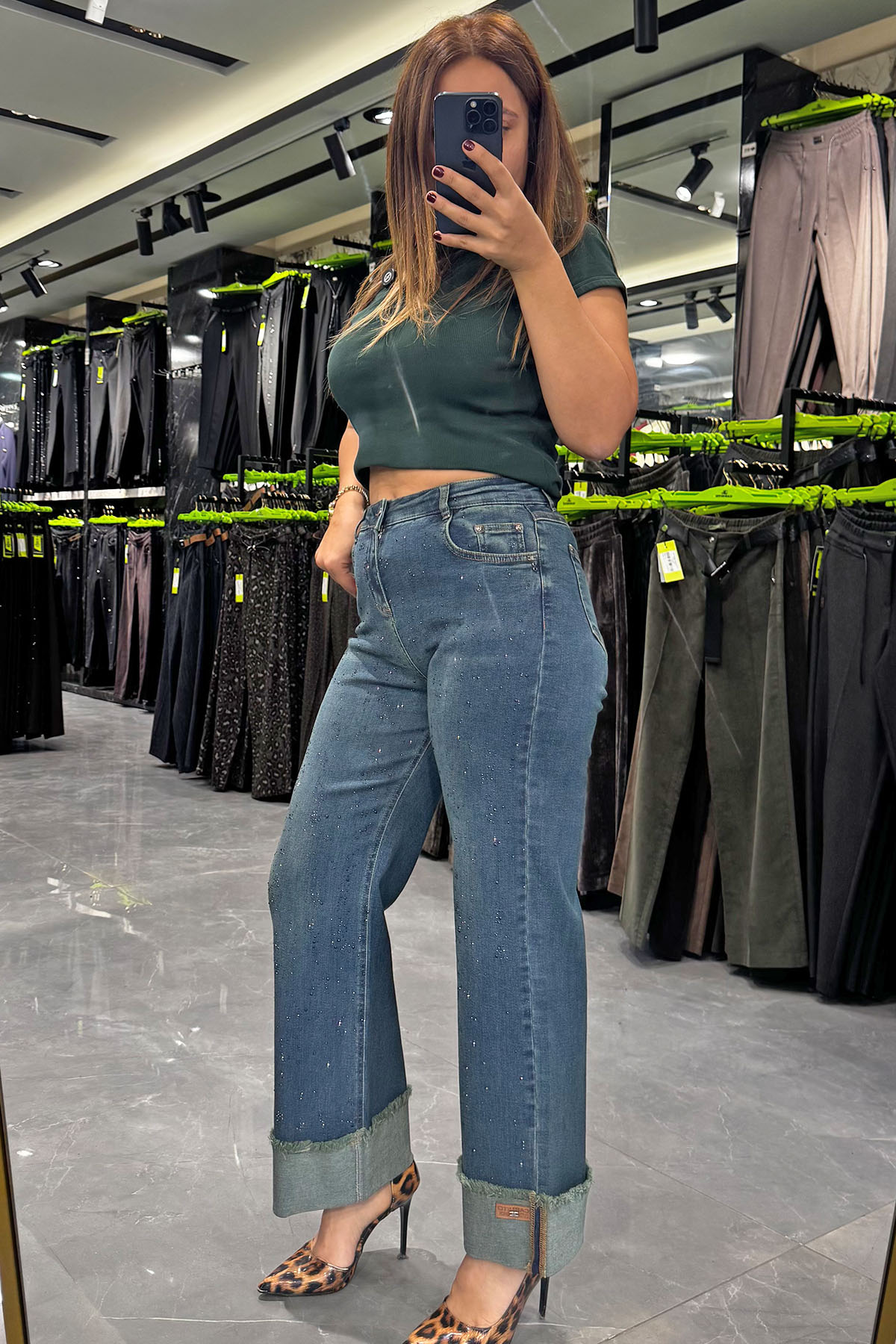 Kadın Paça Katlamalı Taşlı Jean Palazzo Pantolon 10576