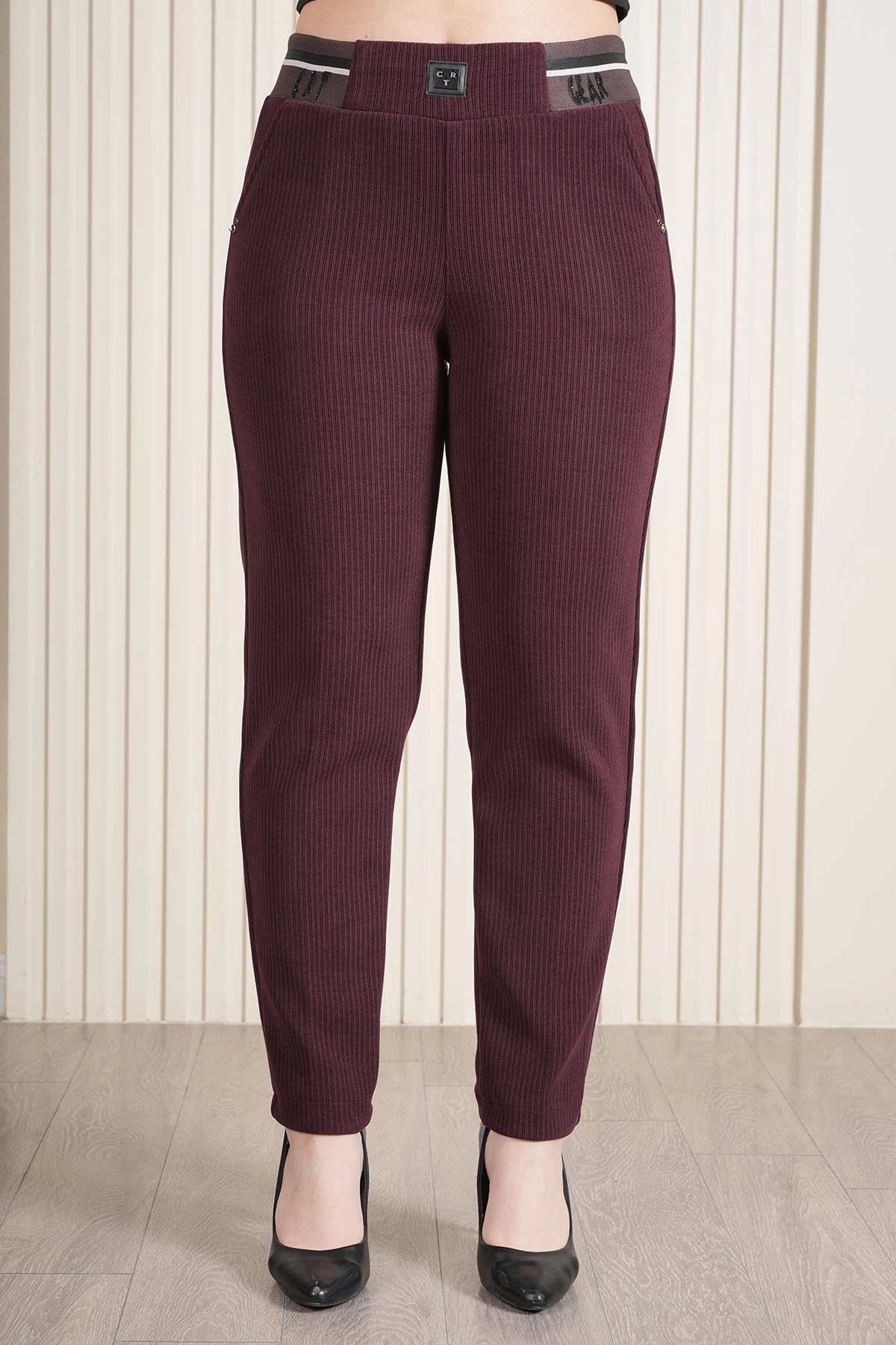 Kadın Bel Lastikli Kadife Mom Pantolon 10673 - Bordo