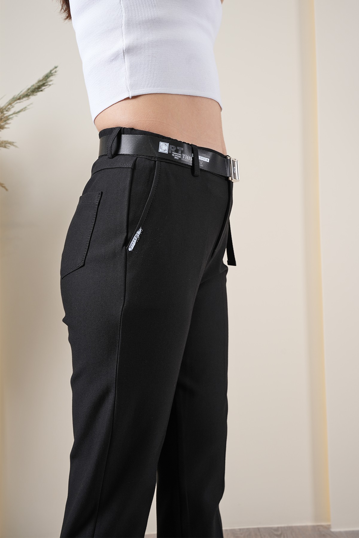 Kadın Likralı Küçük Taş Detaylı Mom Kumaş Pantolon 10406