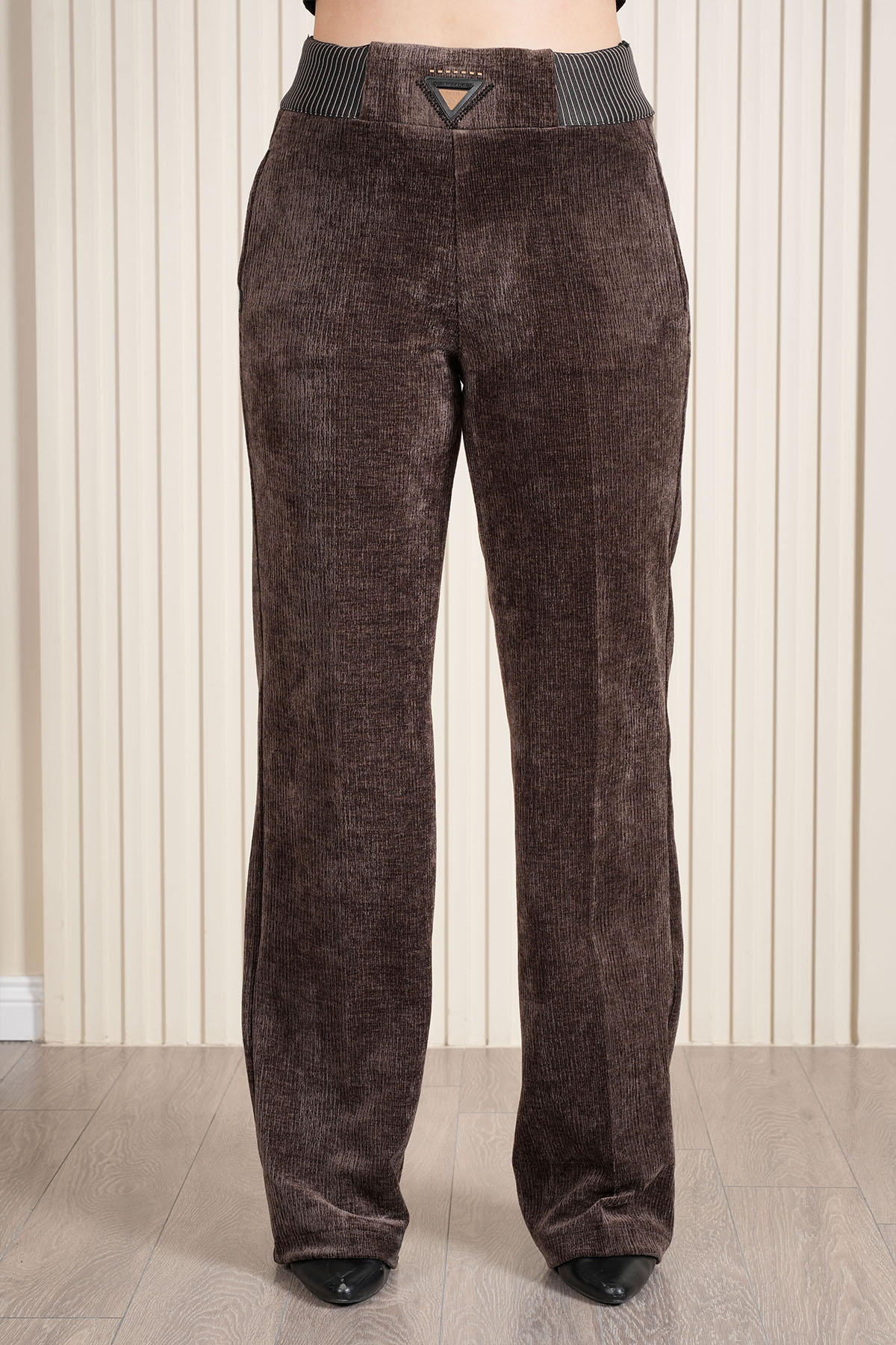 Kadın Bel Özel Tasarım Çizgili Lastikli Kadife Palazzo Pantolon 10682 - Kahve