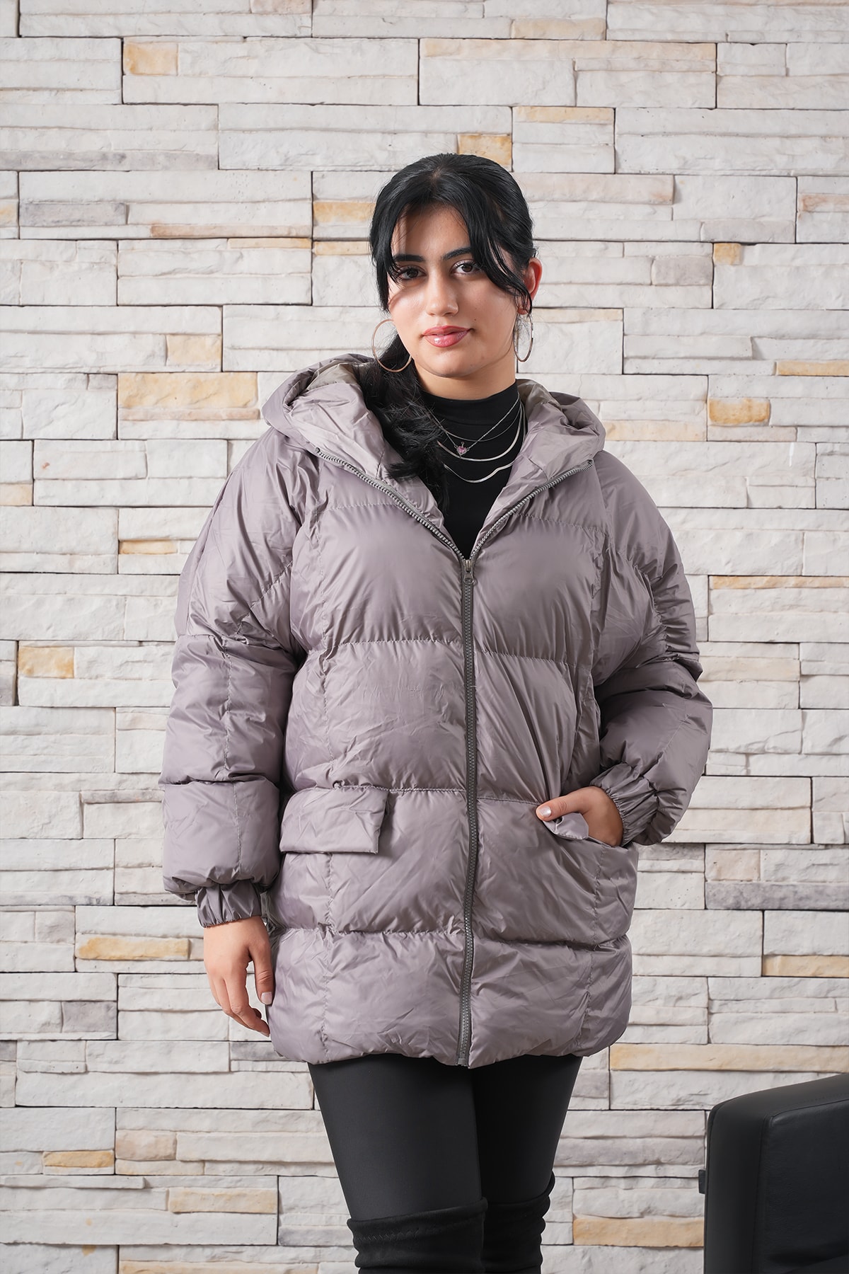 Oversize  Dış Cepli Puffer  Şişme Mont 7094 - Gri