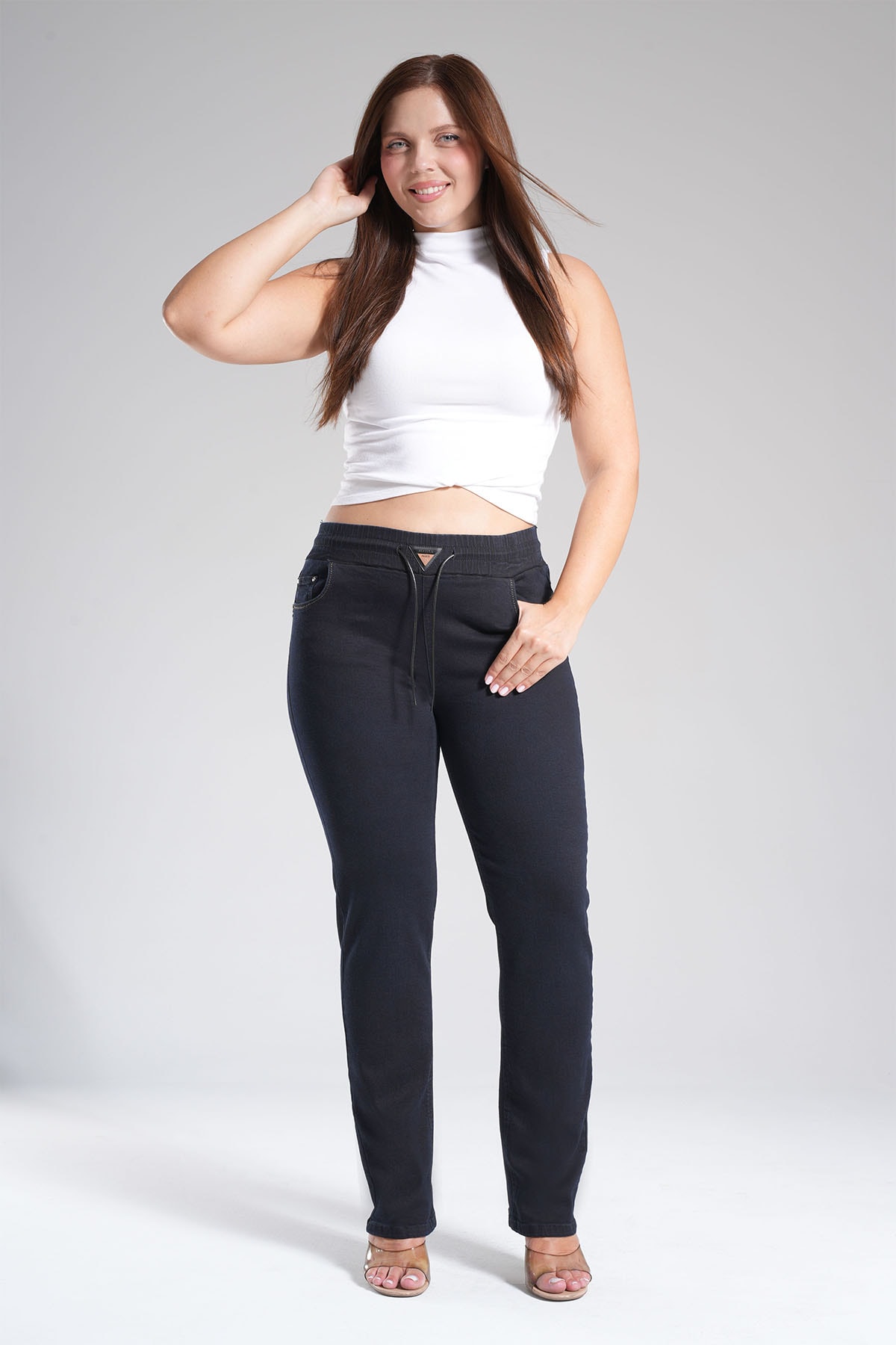 Kadın Bel Lastikli Jean Boru Paça Pantolon 10600 - Blue Black