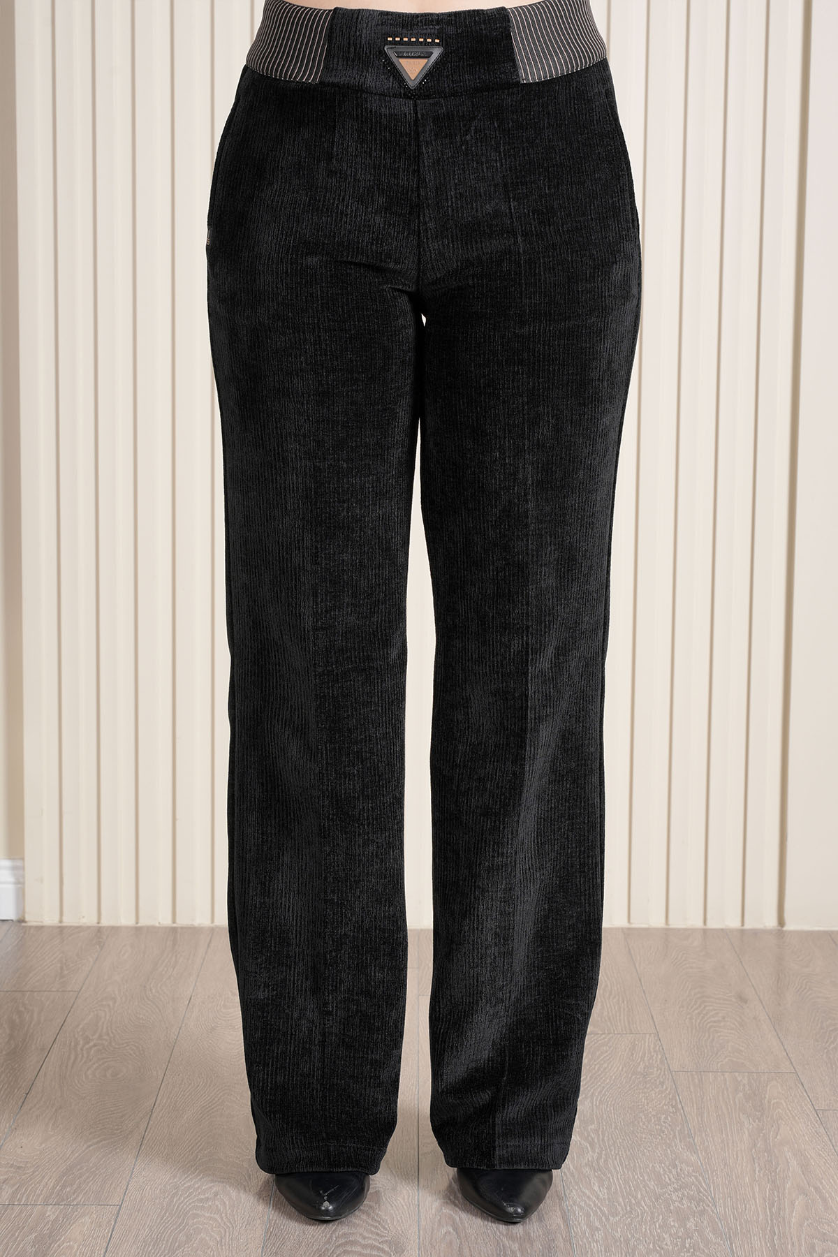 Kadın Bel Özel Tasarım Çizgili Lastikli Kadife Palazzo Pantolon 10682