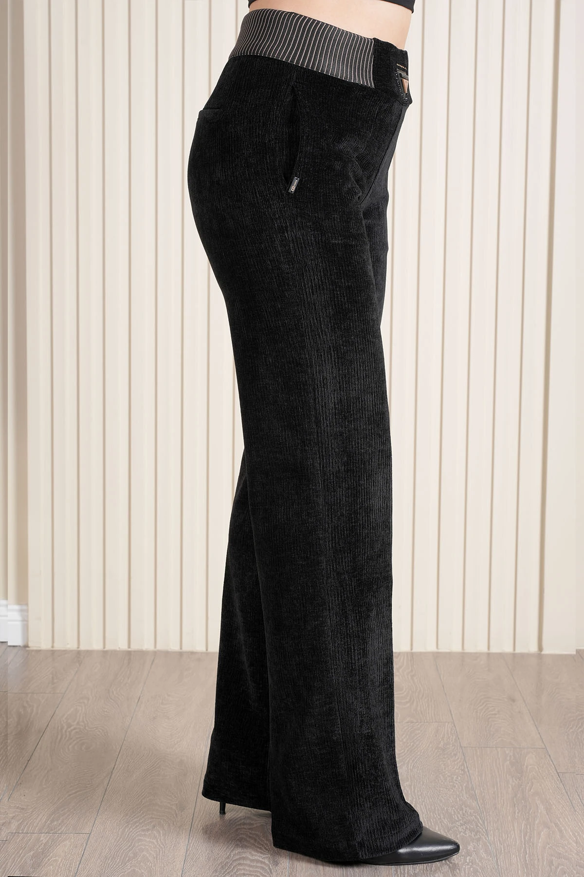 Kadın Bel Özel Tasarım Çizgili Lastikli Kadife Palazzo Pantolon 10682 - Siyah