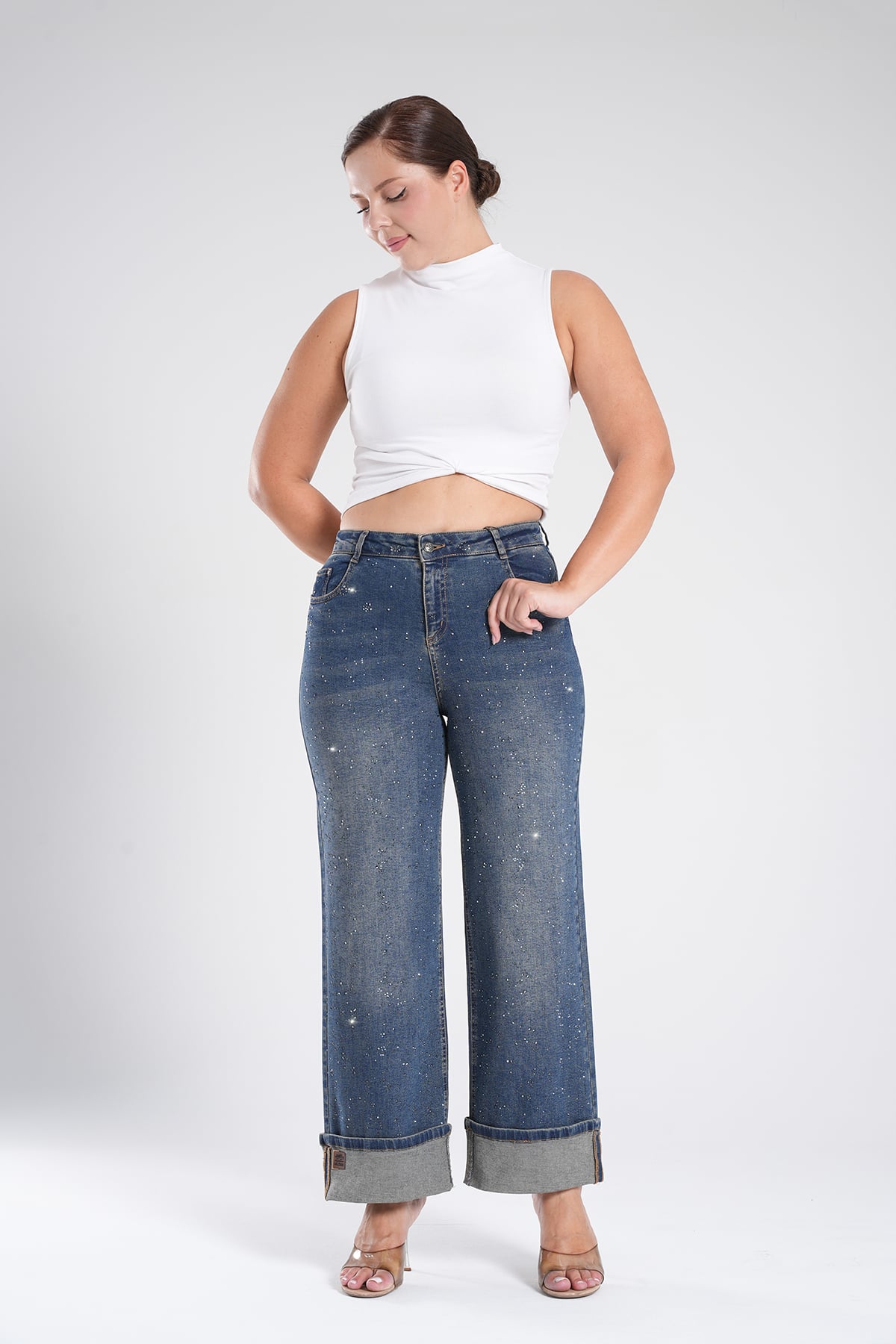 Kadın Paça Katlamalı Taşlı Jean Palazzo Pantolon 10576 - Tint Laci