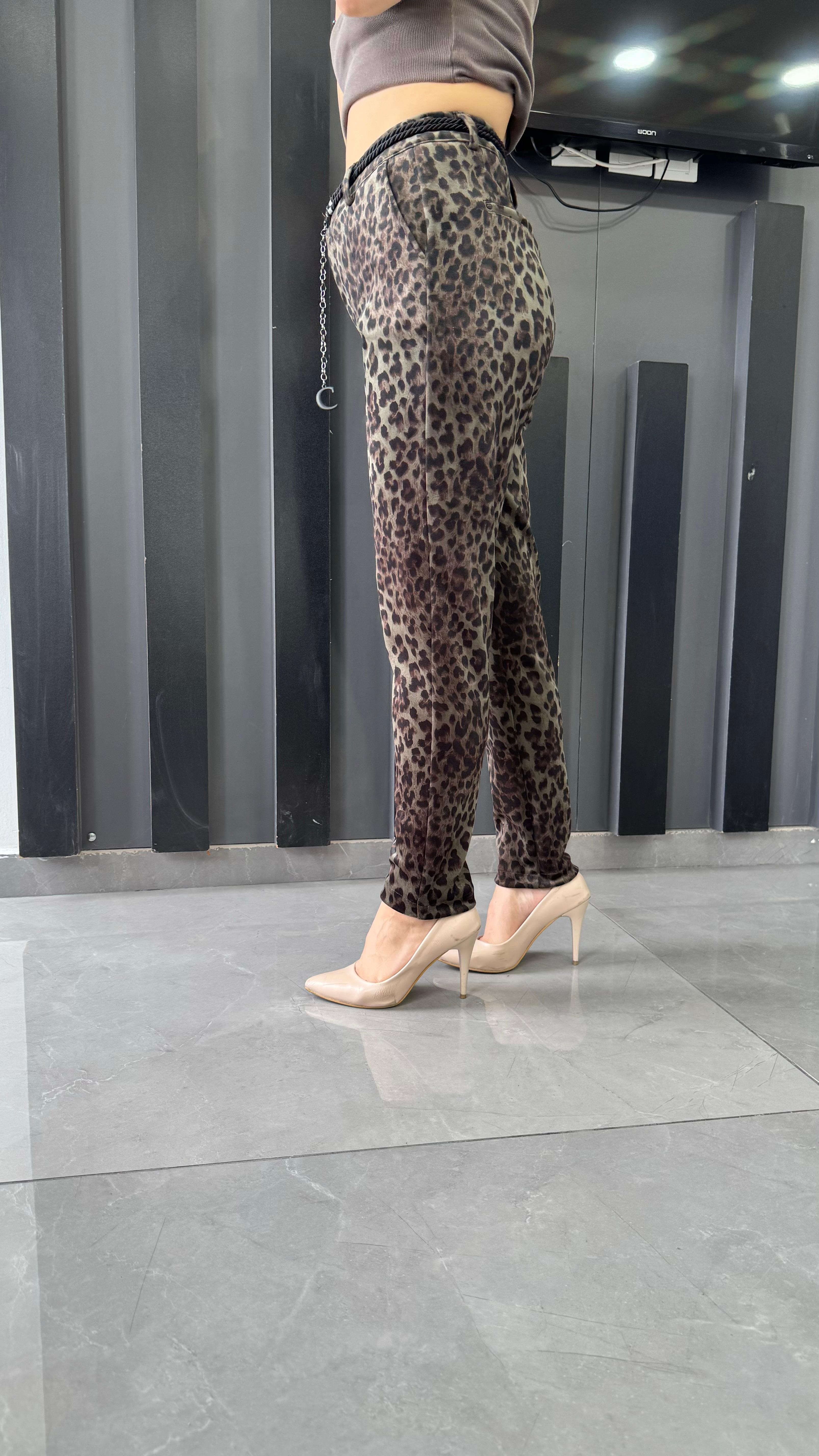 Bel Lastik Leopar Desen Mom Kadın Pantolon 10366