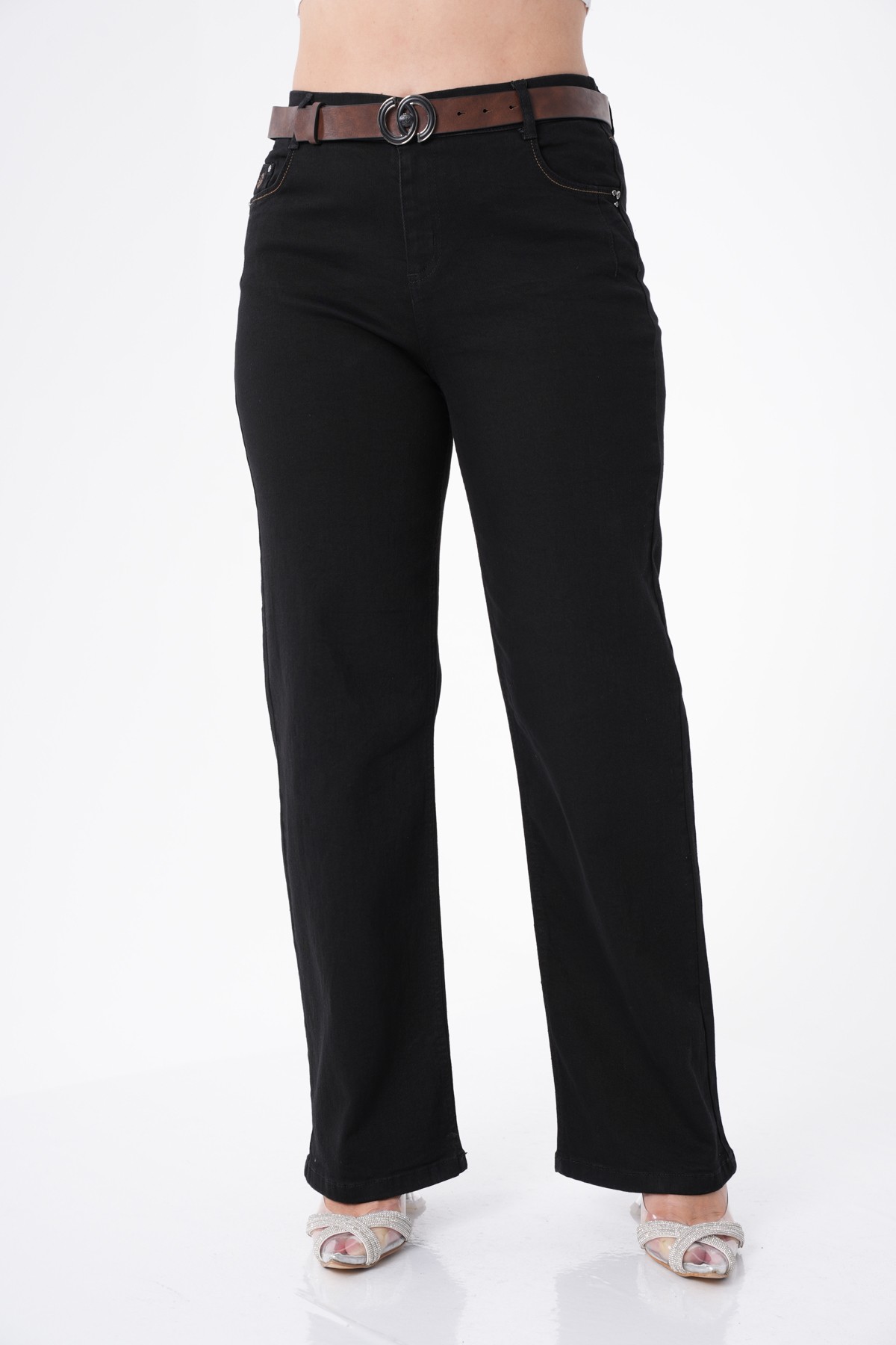 Yüksek Bel Likralı Beli Lastikli Jean Palazzo Kadın Pantolon 10333 - Siyah