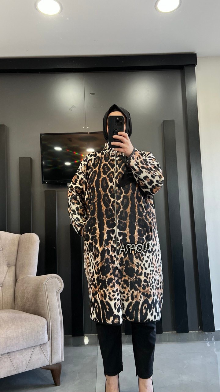 Leopar Desenli Çiçek Detaylı Kadın Ceket 2840 - Leopar Desenli