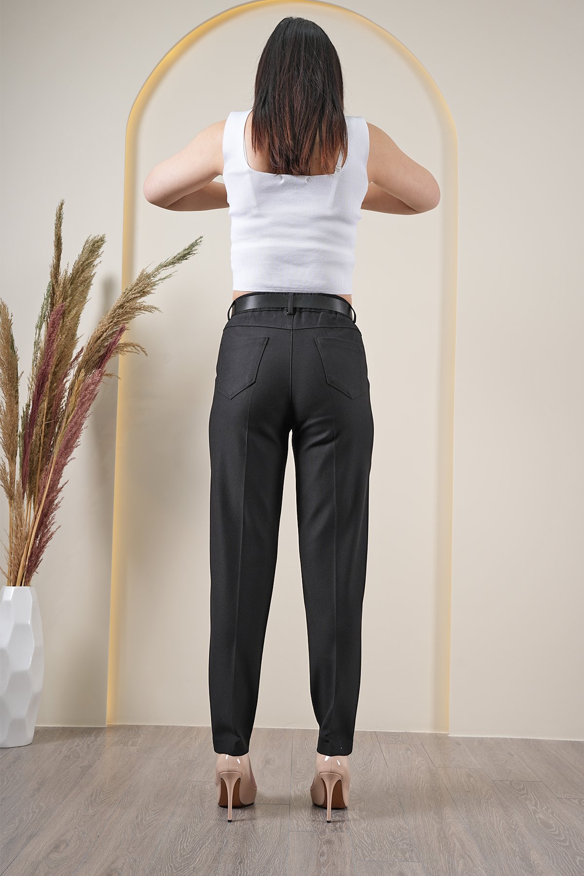 Kadın Likralı Küçük Taş Detaylı Mom Kumaş Pantolon 10406