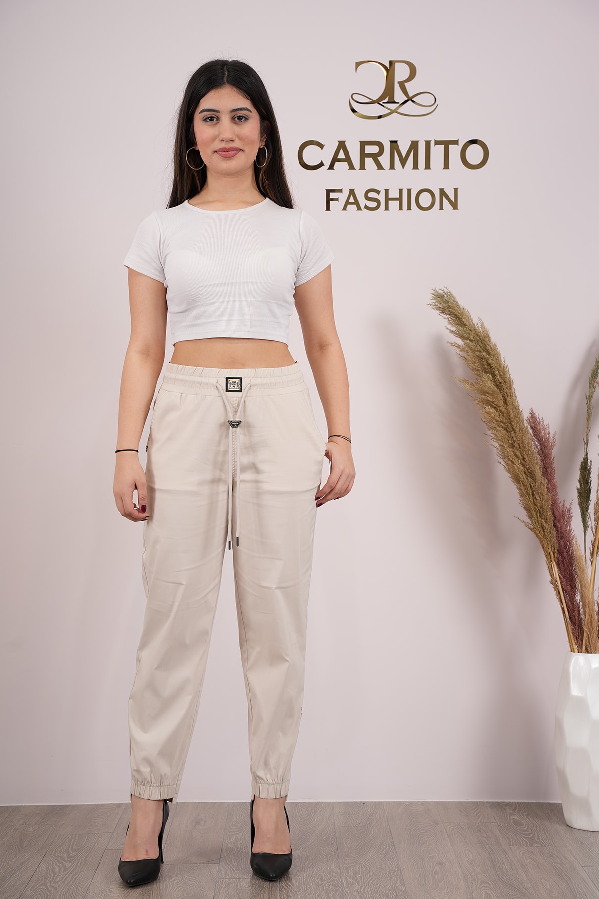 Kadın Bel Paça Lastikli Mom Pantolon 10499 - Taş