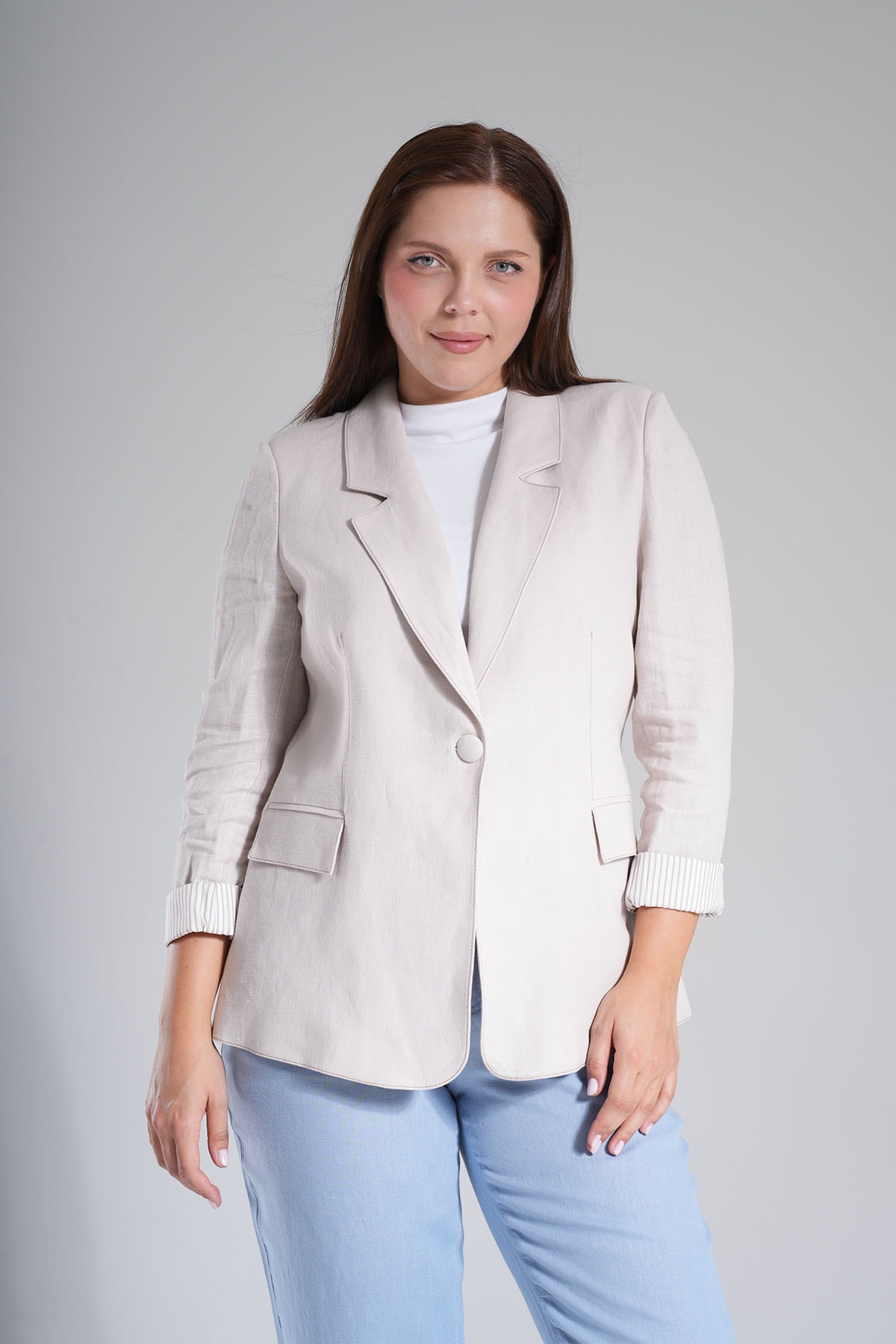 Kadın İçi Marin Astarlı Yumuşak Keten Blazer Ceket 2001 - Bej