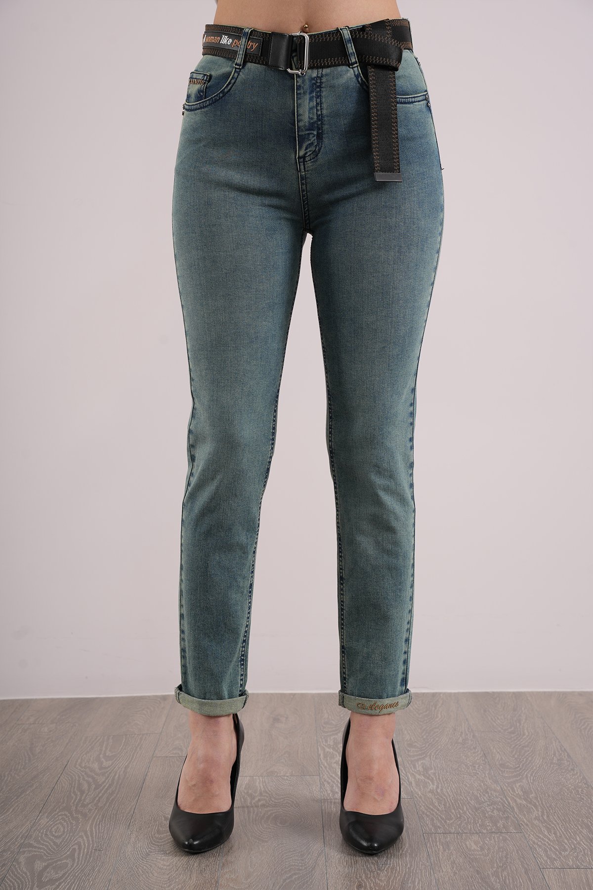 Kadın Likralı Dar Paça Jean Pantolon 10427 - Yeşil Tint