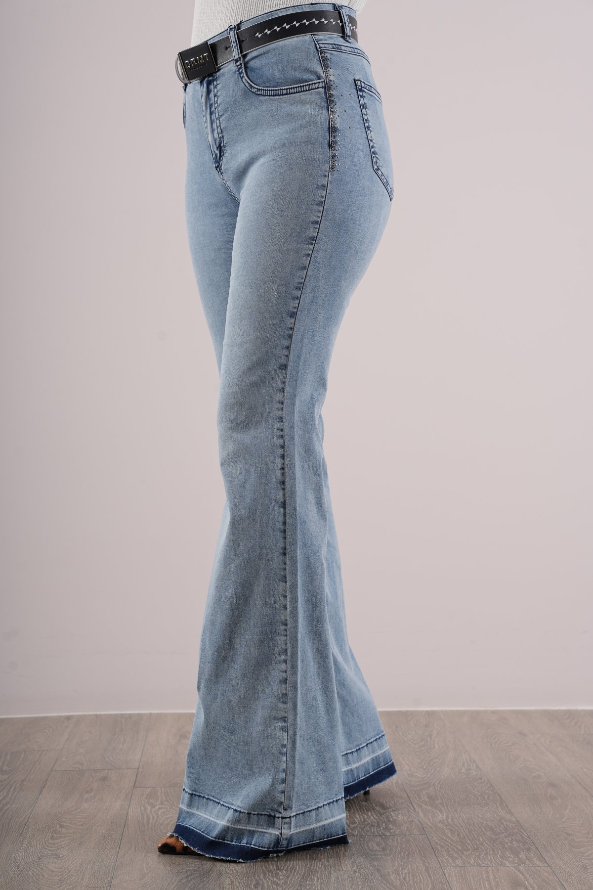 Kadın Paça Püskül Yan Taşlı İspanyol Jean Pantolon 10464