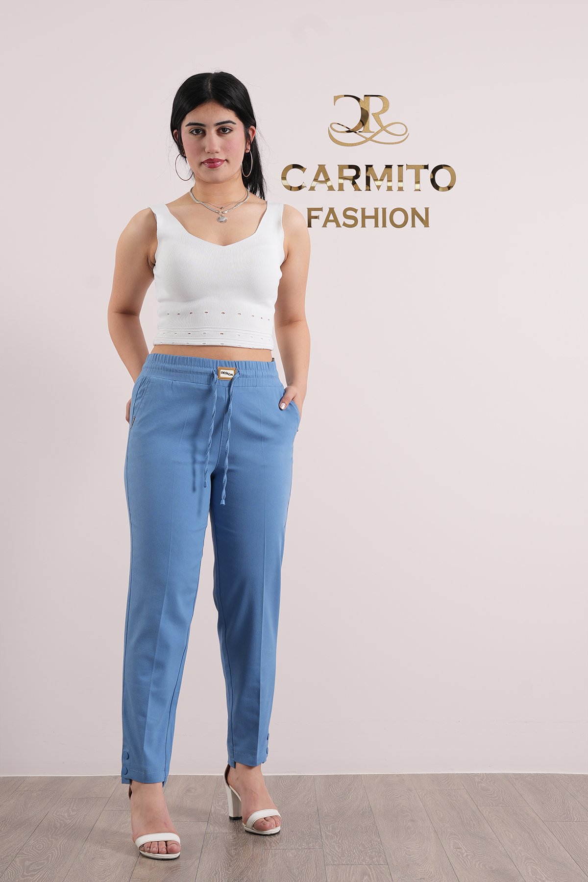 Kadın Bel Lastikli Paça Çıt Çıtlı Kumaş Pantolon 10510 - Mavi