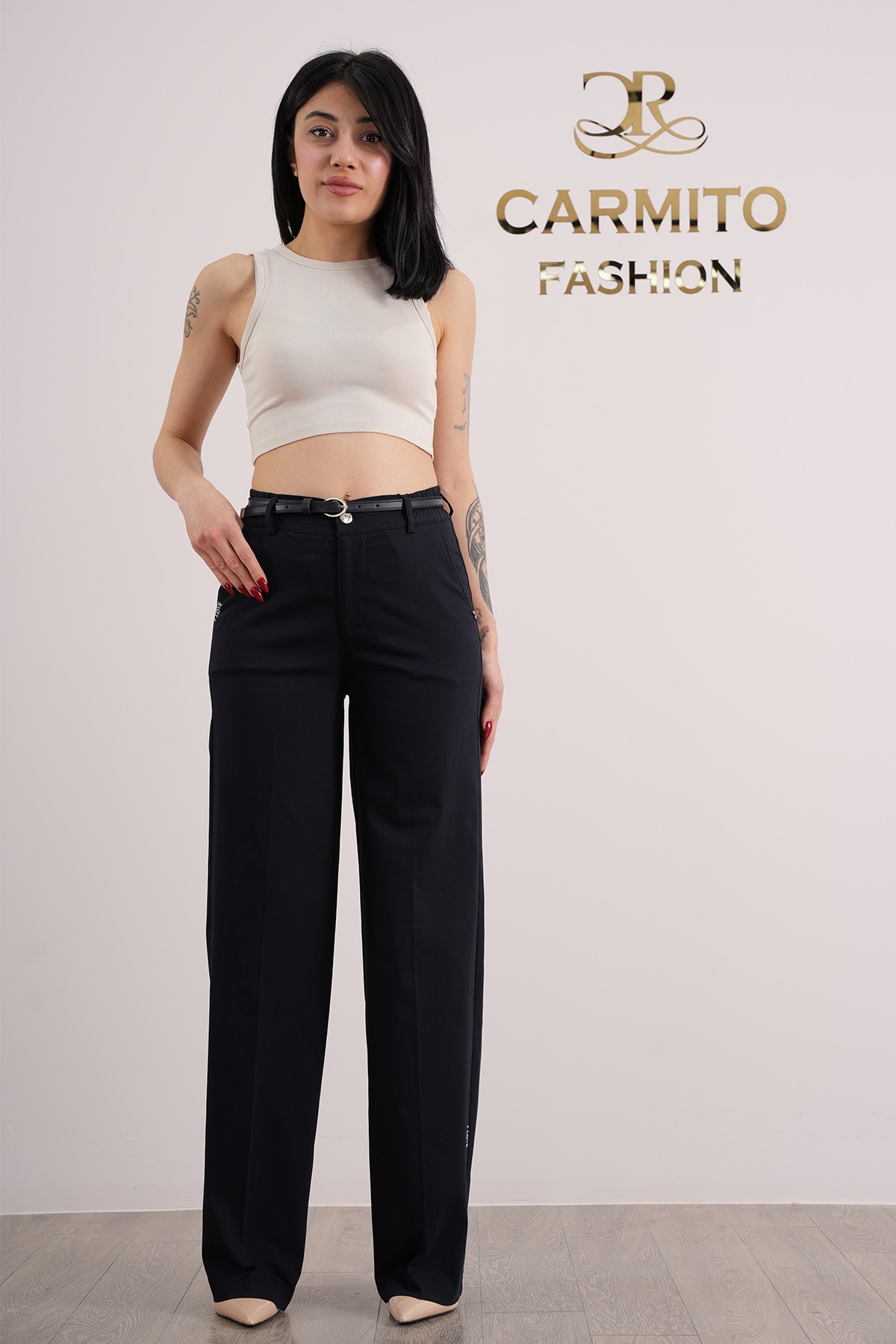 Kadın Beli Lastıklı Palazzo  Kumaş Pantolon 10508 - Lacivert