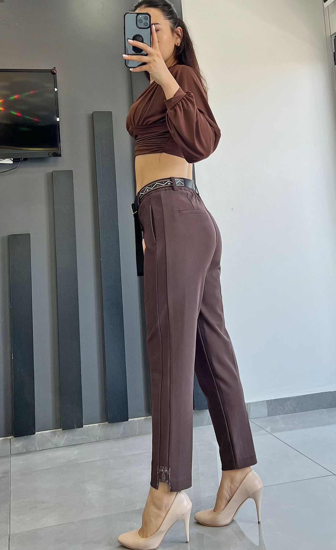Likralı  İthal Örme  Paça Nakışlı  Mom Kadın Pantolon 10270 - Kahve