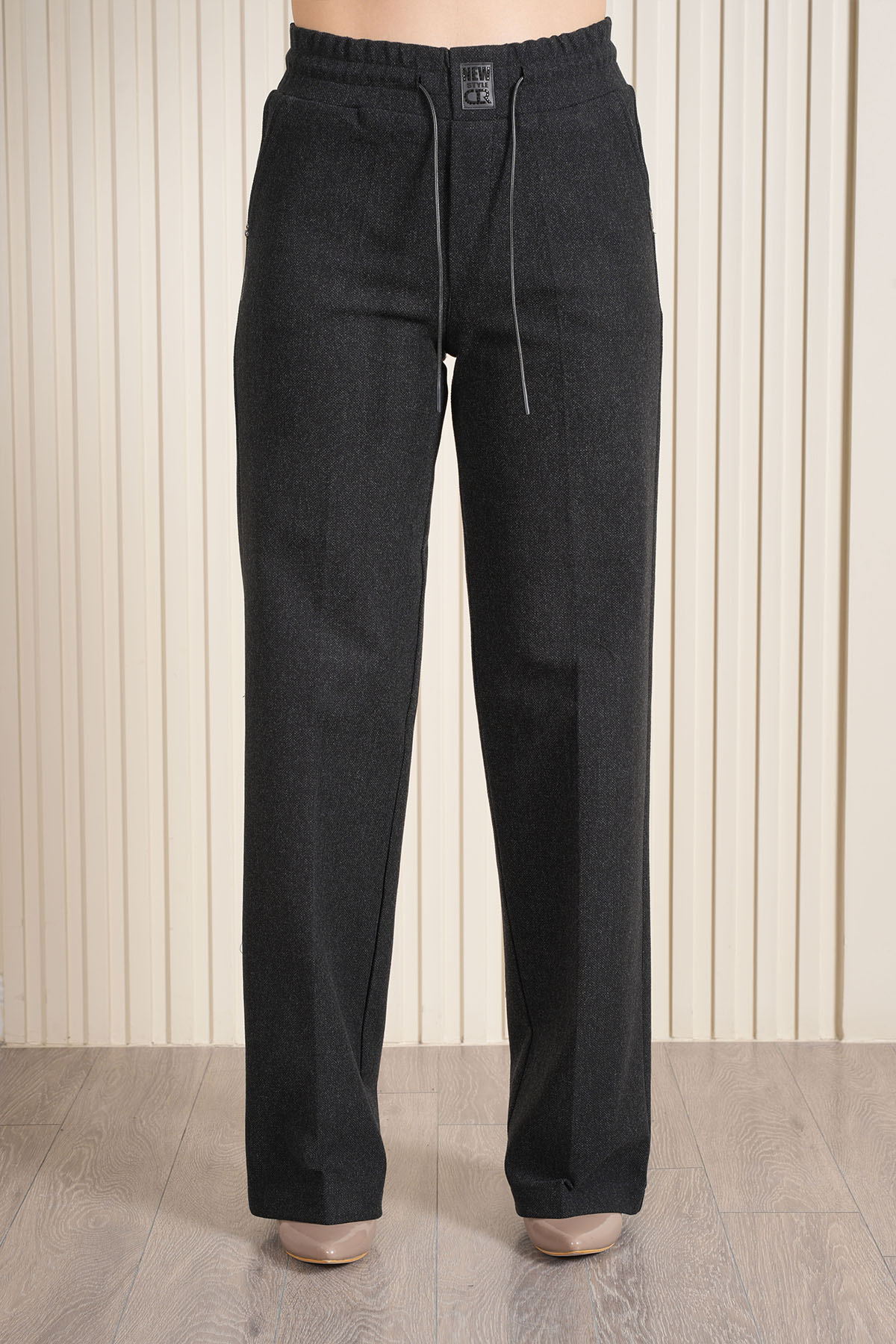 Kadın Bel Ribanalı Kaşe Kumaş Palazzo Pantolon 10670 - Siyah