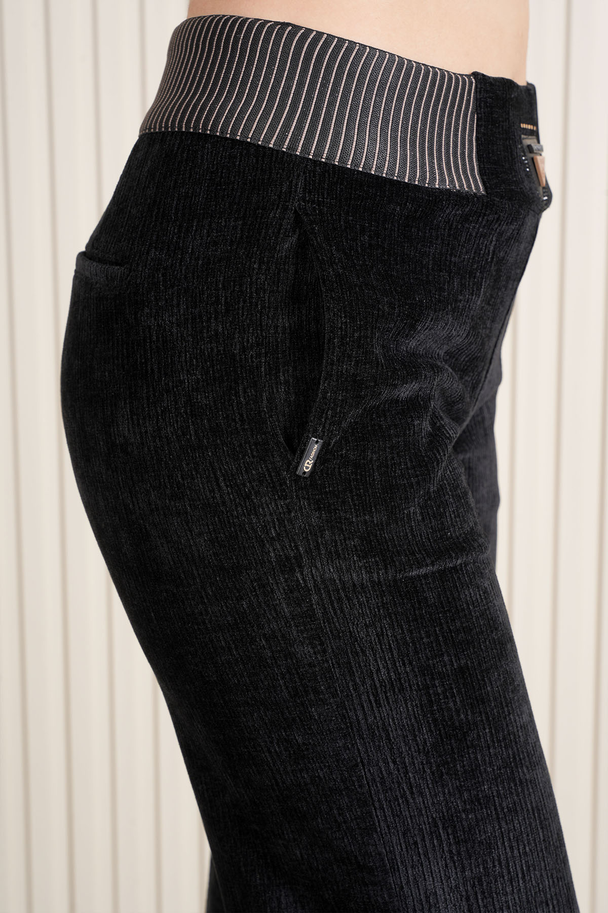 Kadın Bel Özel Tasarım Çizgili Lastikli Kadife Palazzo Pantolon 10682