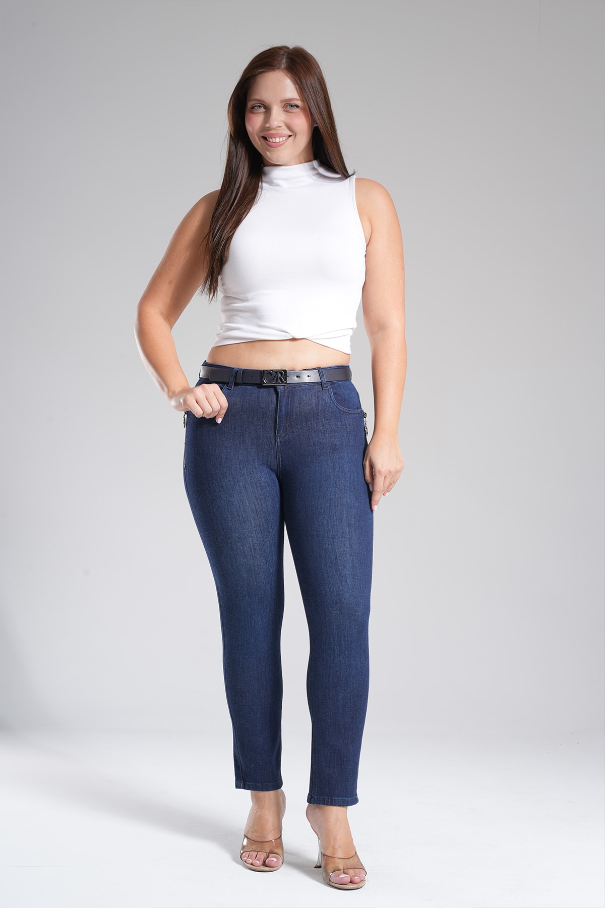 Kadın Yan Süs Cep Fermuarlı Jean Dar Paça Pantolon 10605