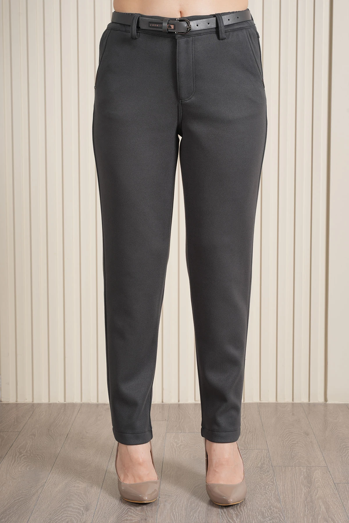 Kadın Özel Kemerli Süet Kadife Mom Pantolon 10679 - Antrasit