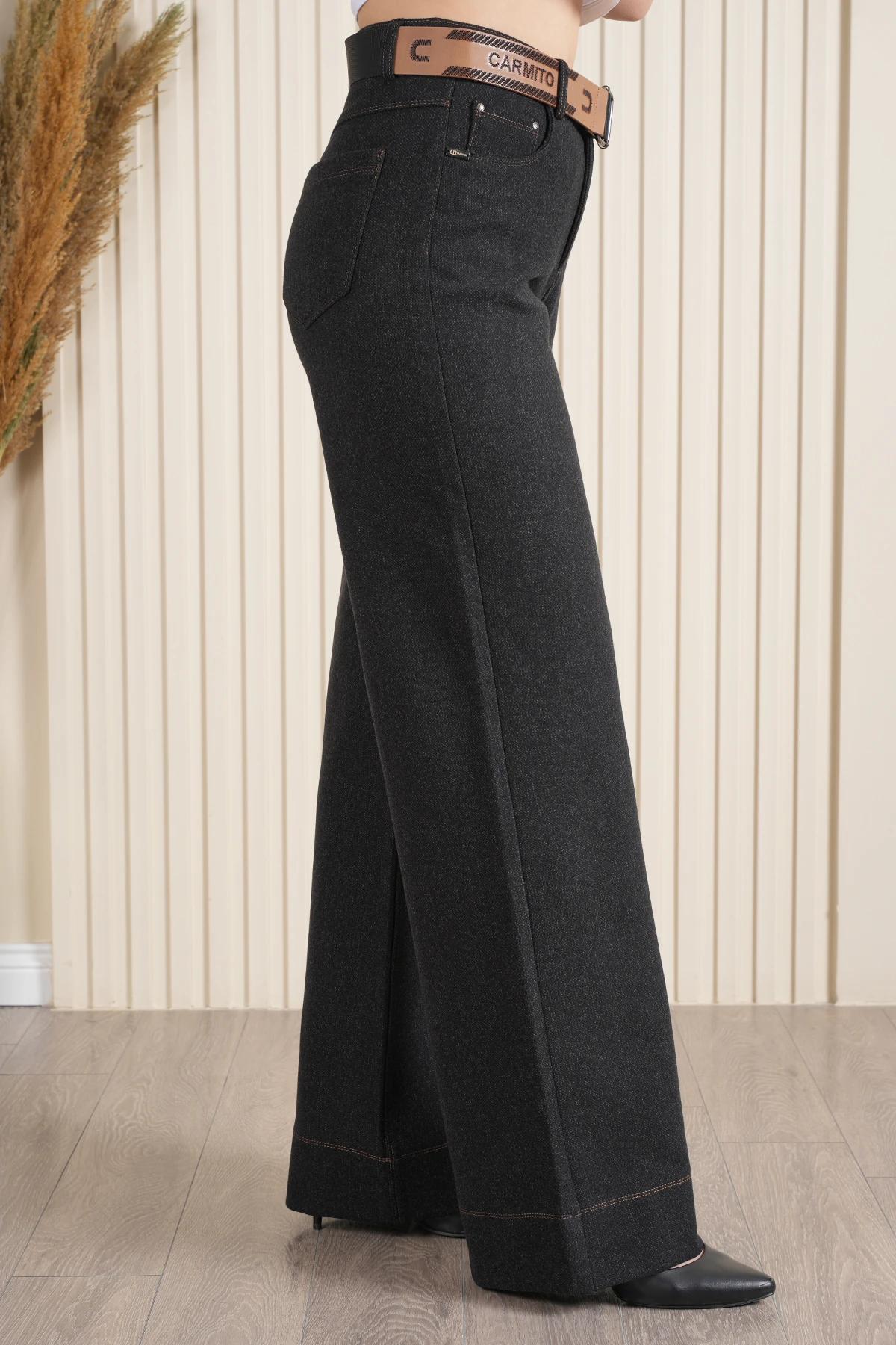 Kadın Melanj Kumaş Double Paça Dikişli Palazzo Örme Pantolon 10663 - Siyah