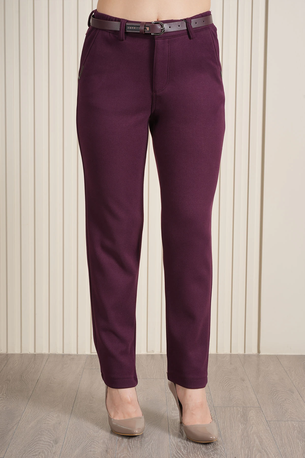 Kadın Özel Kemerli Süet Kadife Mom Pantolon 10679 - Bordo