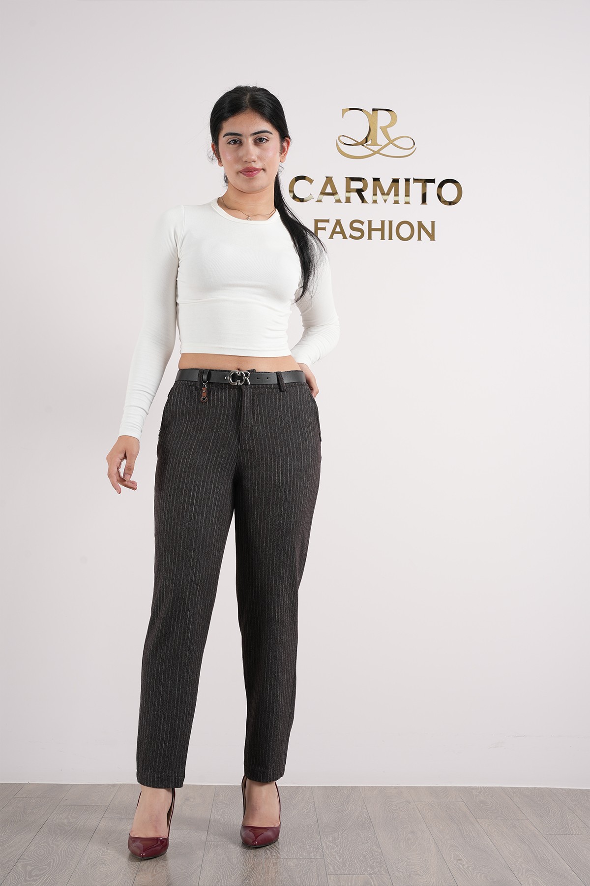 Kadın Çizgili Kumaş Mom Pantolon 10616 - Kahve