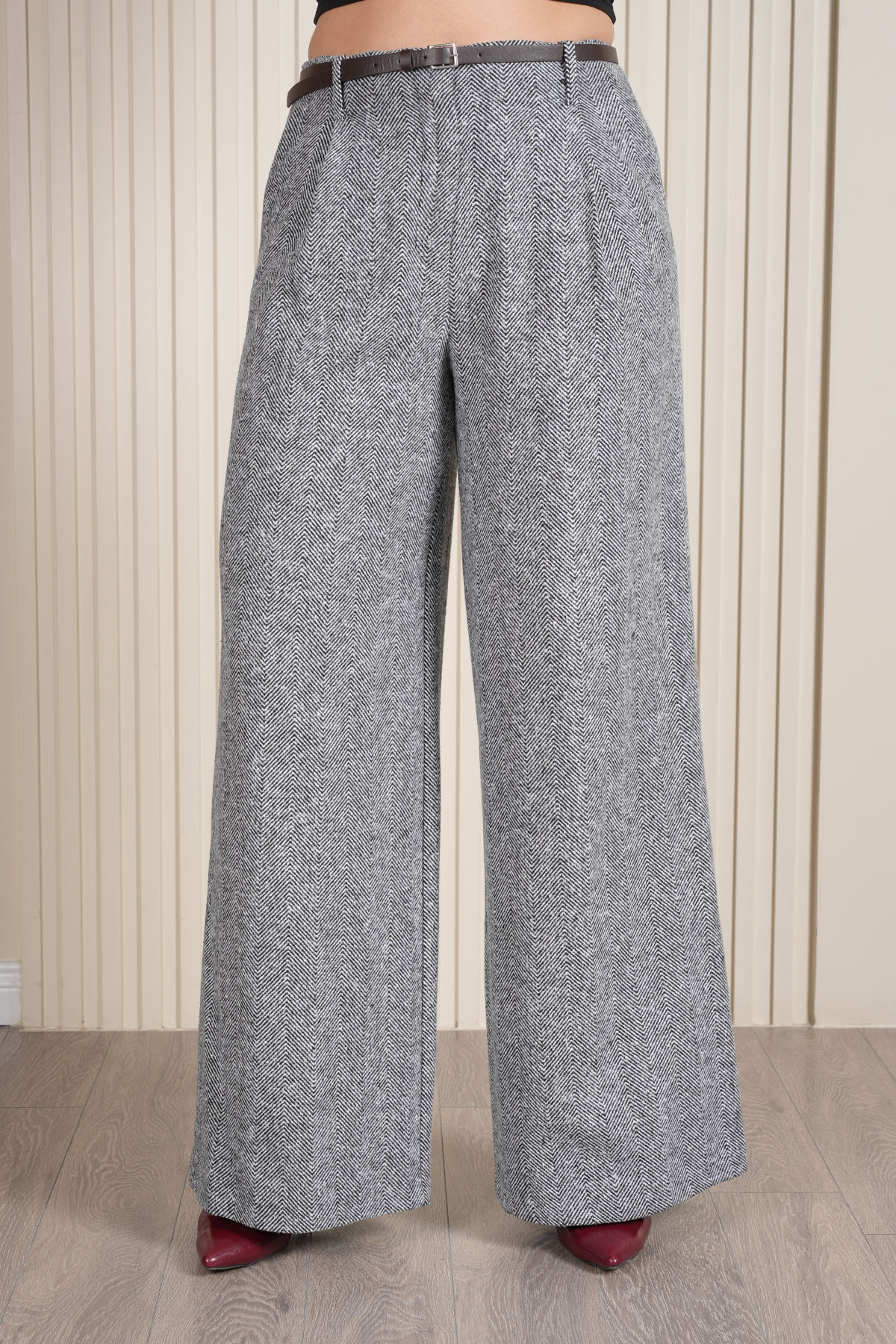 Kadın Pileli Zebra Desen Kaşe Kumaş Palazzo Pantolon 1717 - Gri