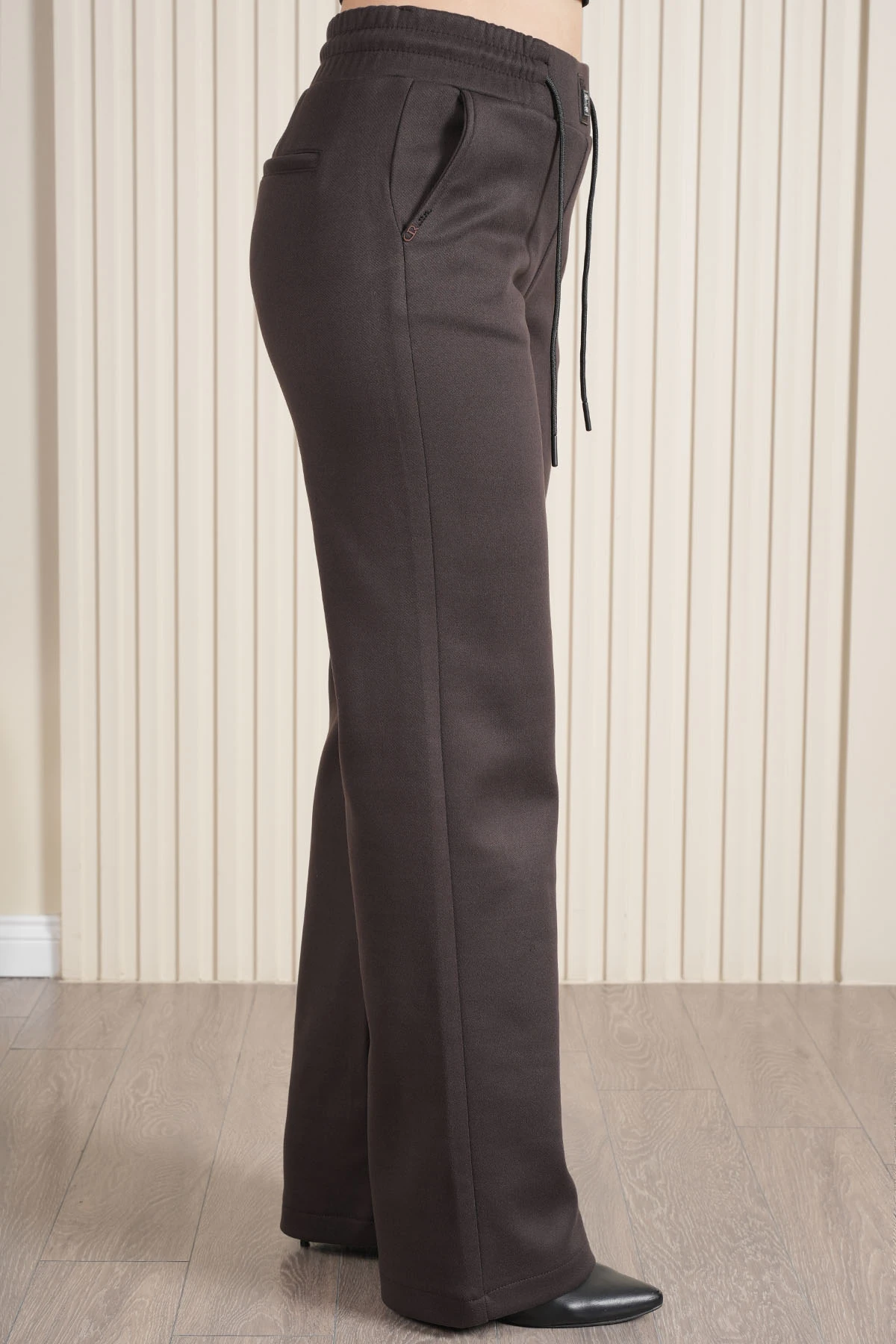 Kadın Bel Lastikli Süet Kadife Palazzo Pantolon 10681 - Acı Kahve