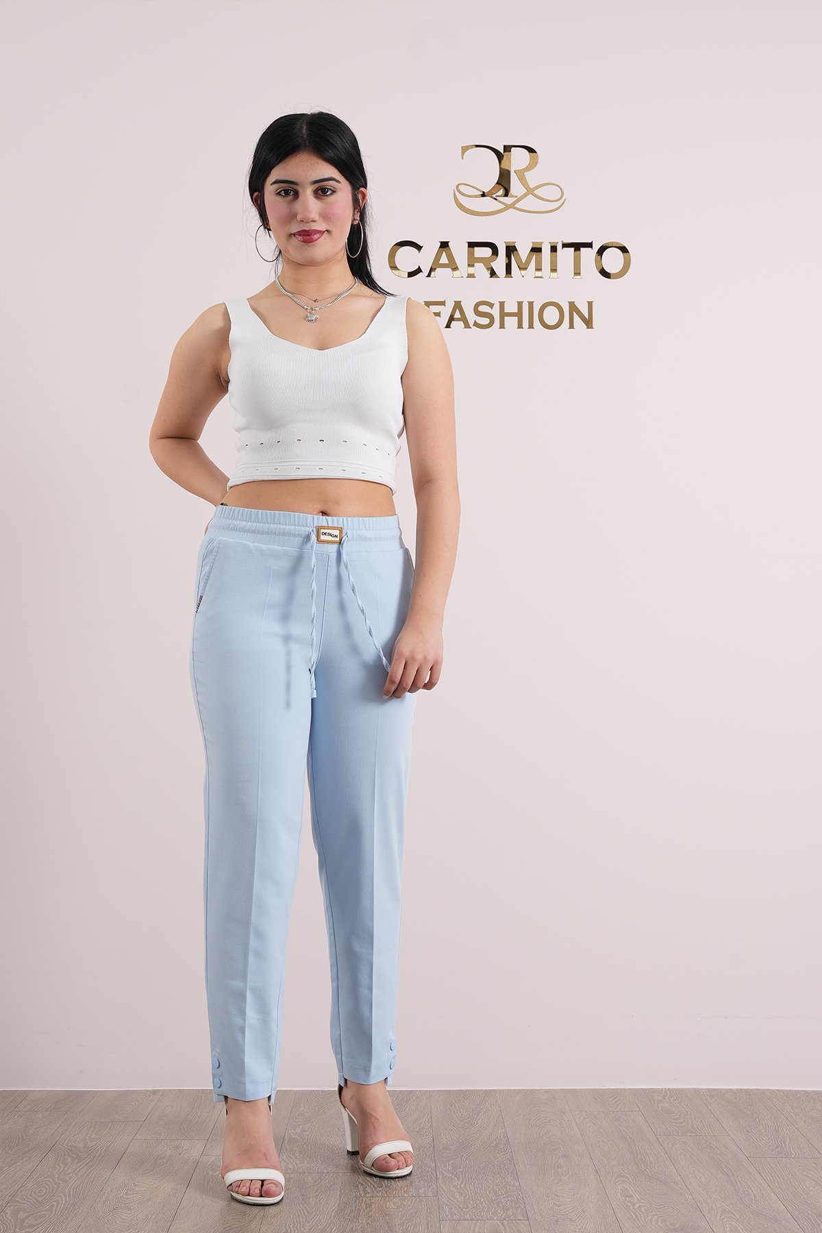 Kadın Bel Lastikli Paça Çıt Çıtlı Kumaş Pantolon 10510 - Bebe Mavi