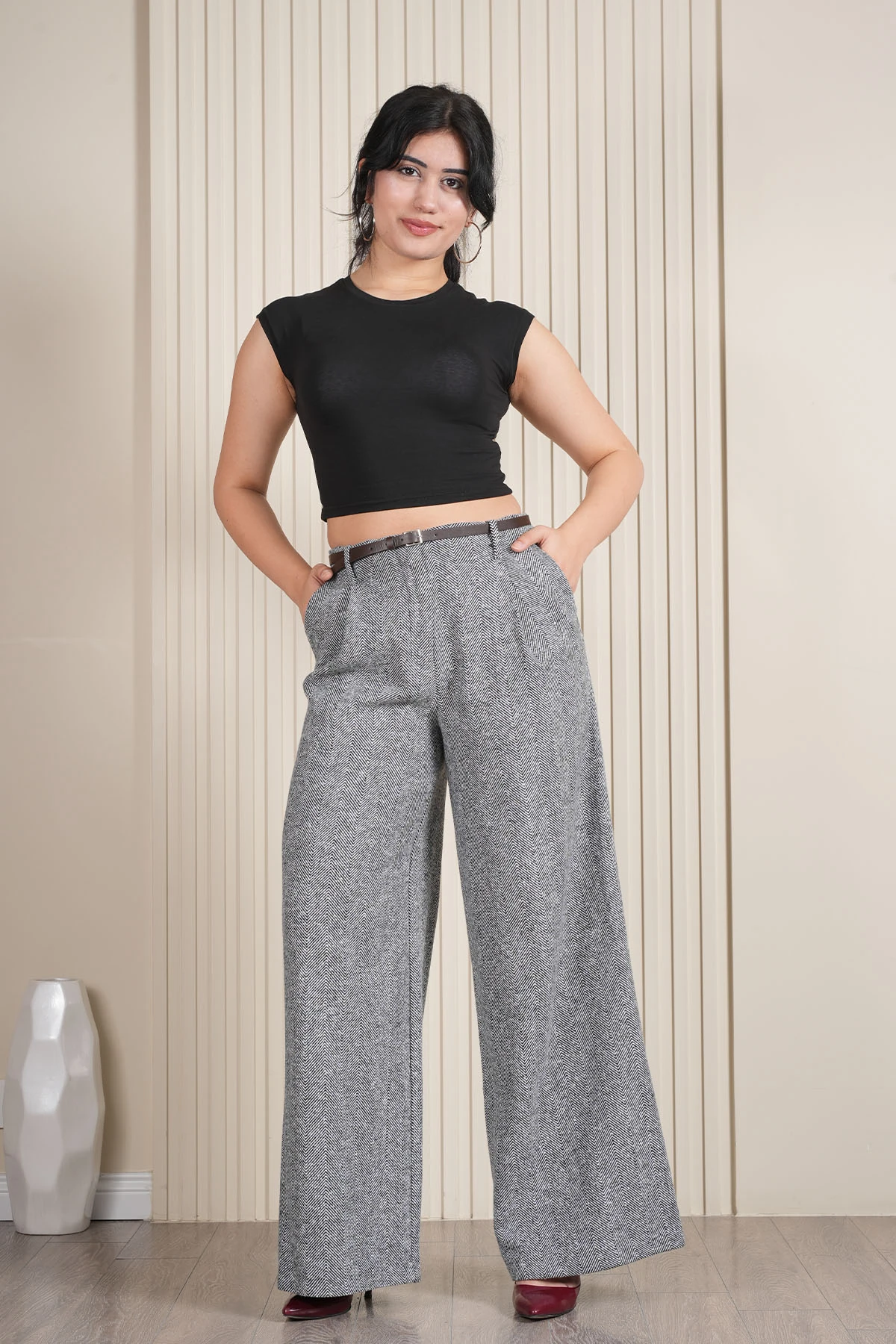 Kadın Pileli Zebra Desen Kaşe Kumaş Palazzo Pantolon 1717