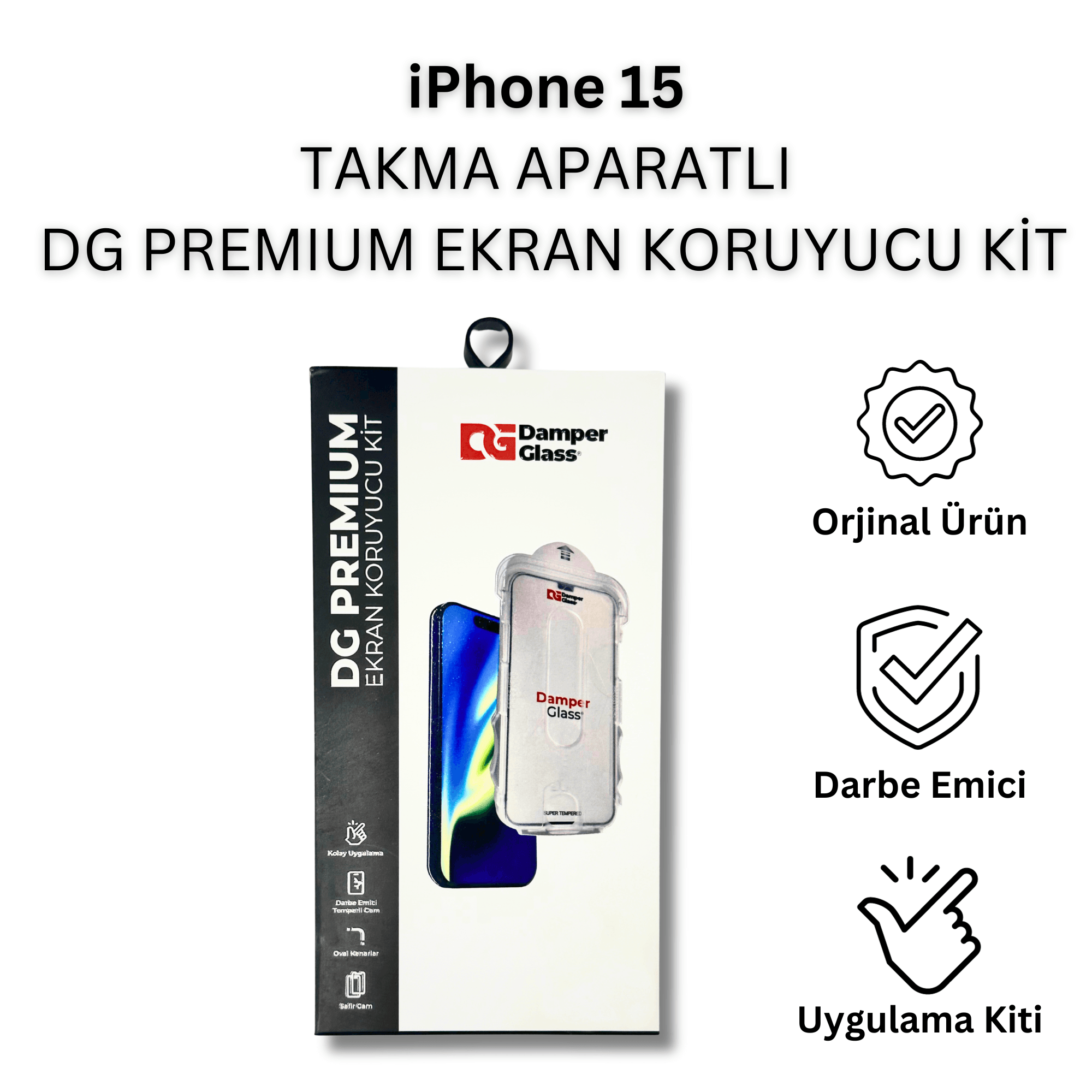 iPhone 15 DG Premium Takma Aparatlı Darbe Emici Ekran Koruyucu Kit