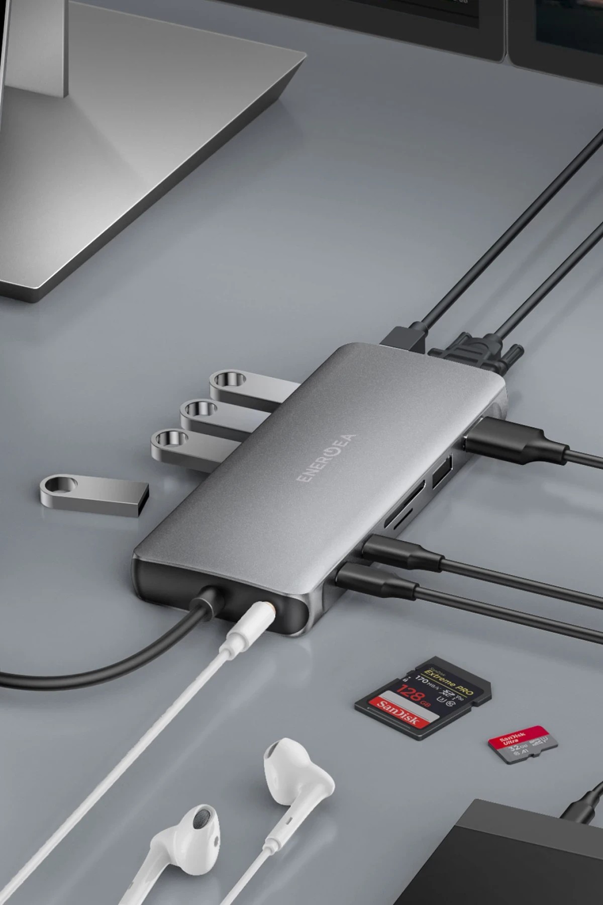 Energea AluHub Max 100W Type-C PD Şarj Destekli 11in1 4K Hub Dönüştürücü