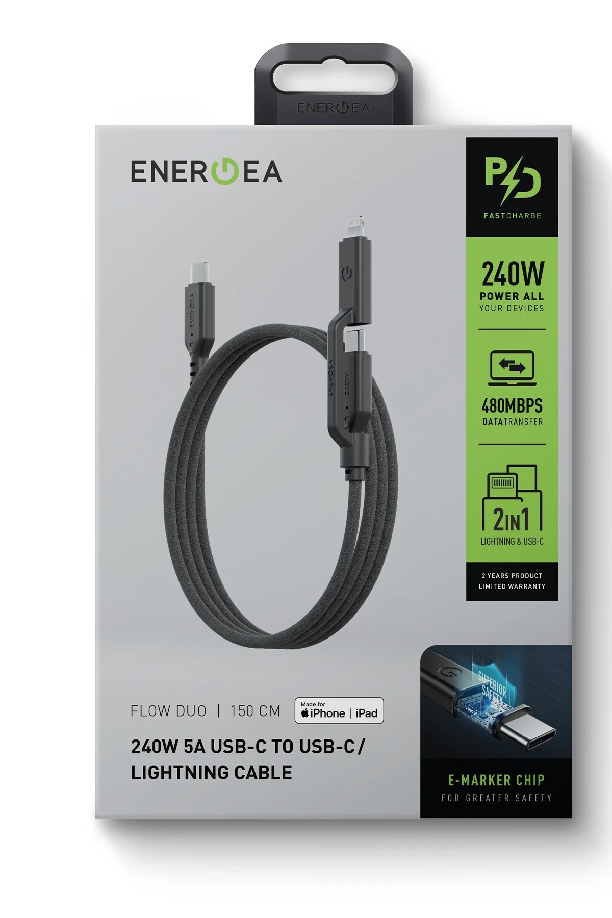 Energea Flow Duo 2in1 1.5M 240W Type-C to Type-C ve Lightning PD Hızlı Şarj Kablo