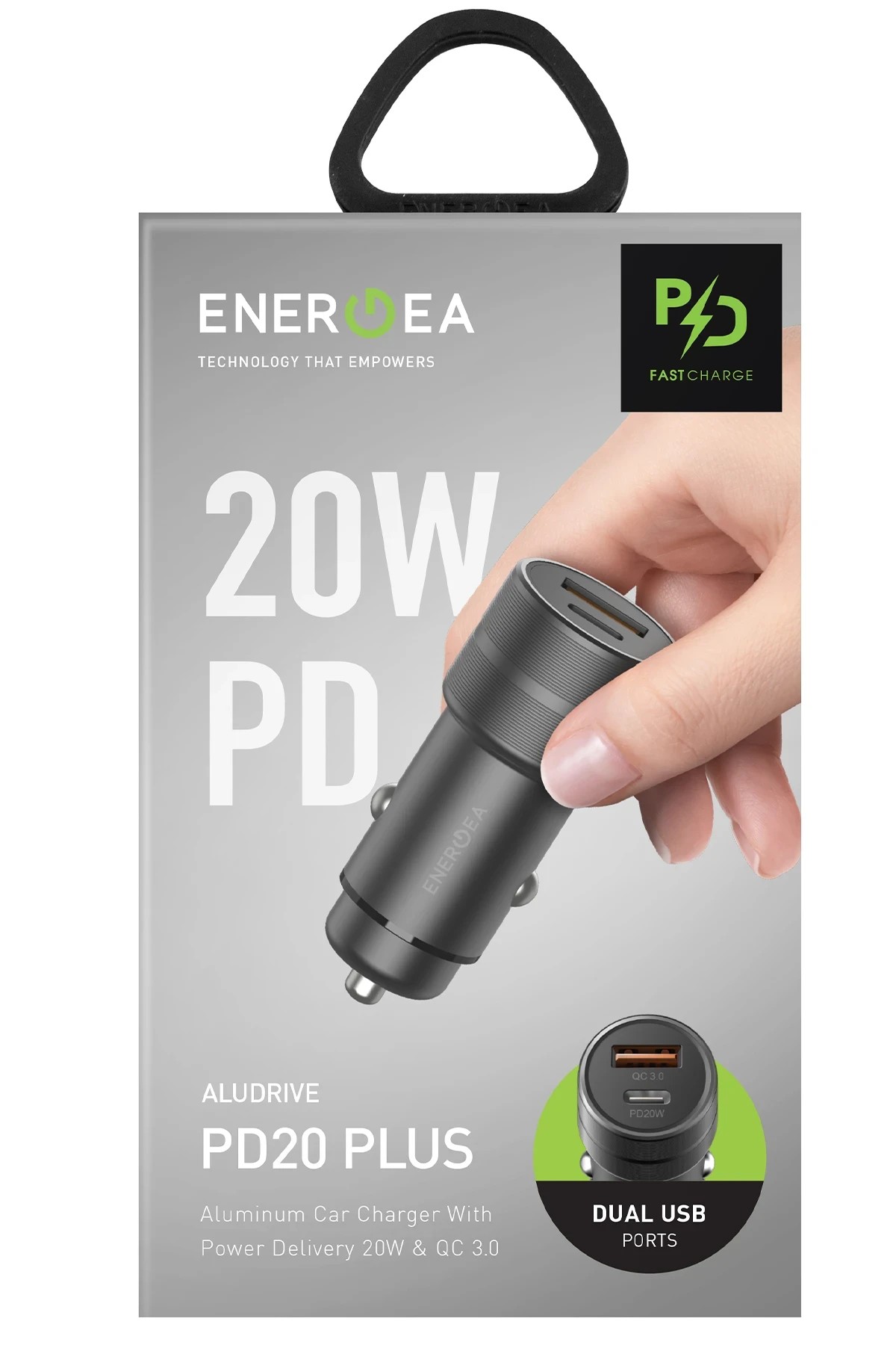 Energea AluDrive 38W 20W Type-C ve 18W USB 3.0 Çıkışlı Alüminyum Araç İçi Şarj Aleti