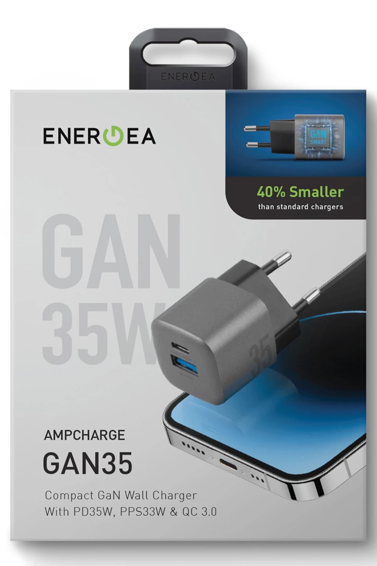 Energea AmpCharge GaN35 35W Type-C ve 30W USB 3.0 Çıkışlı Hızlı Şarj Aleti 