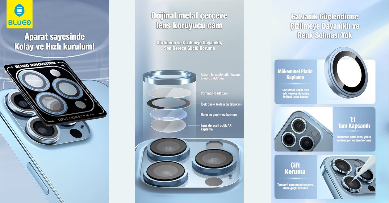 Blueo Metal Çerçeve Lens Koruyucu iP 14 Pro/iP 14 Pro Max 