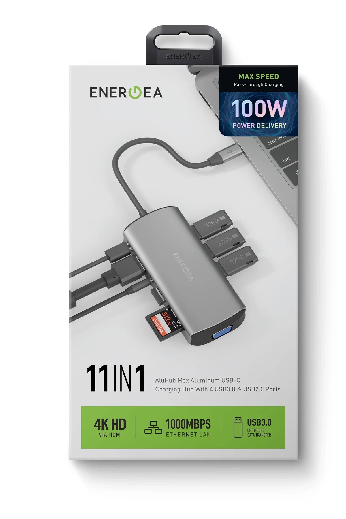 Energea AluHub Max 100W Type-C PD Şarj Destekli 11in1 4K Hub Dönüştürücü