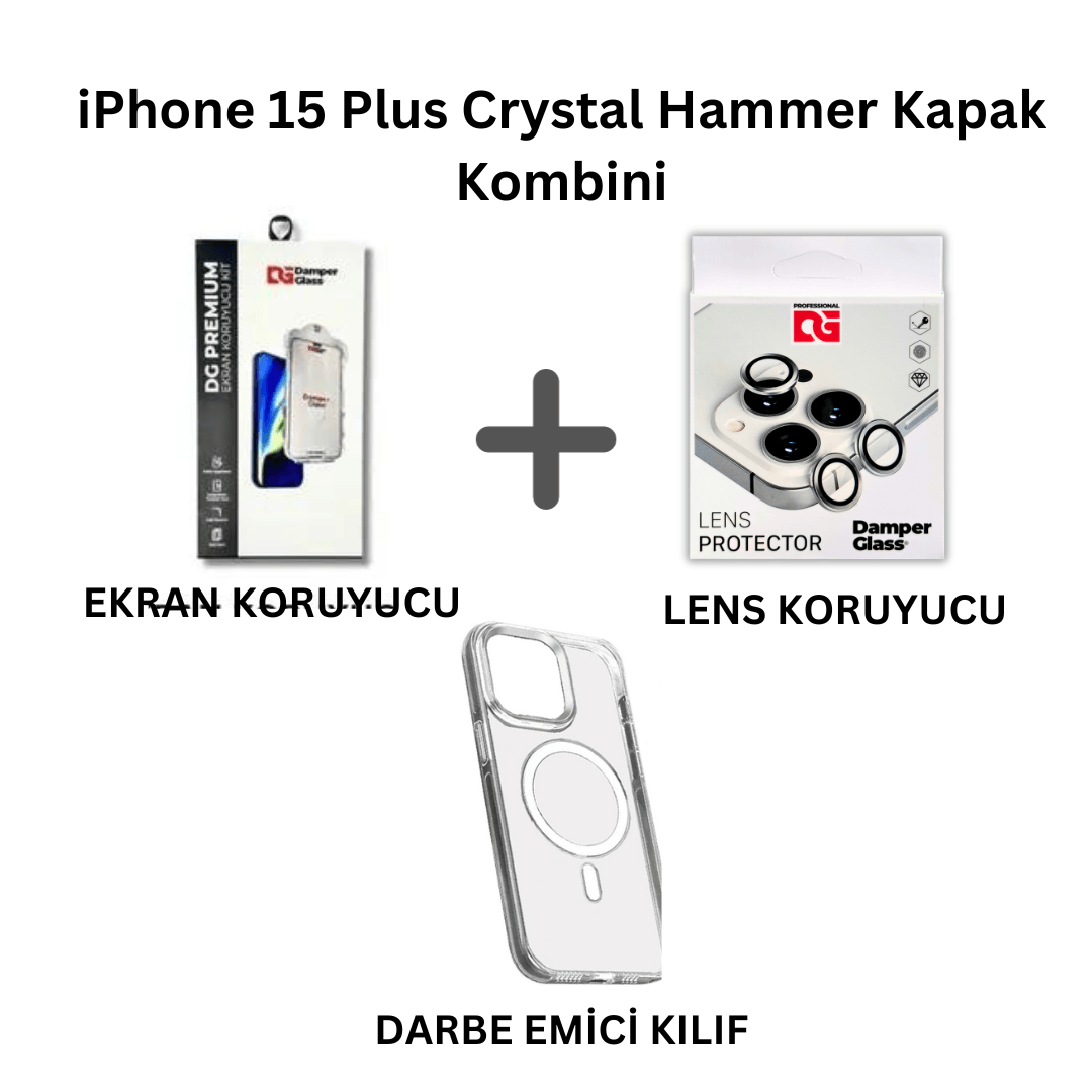 iPhone 15 Plus DamperGlass Crystal Hammer Serisi Kılıf Kombini
