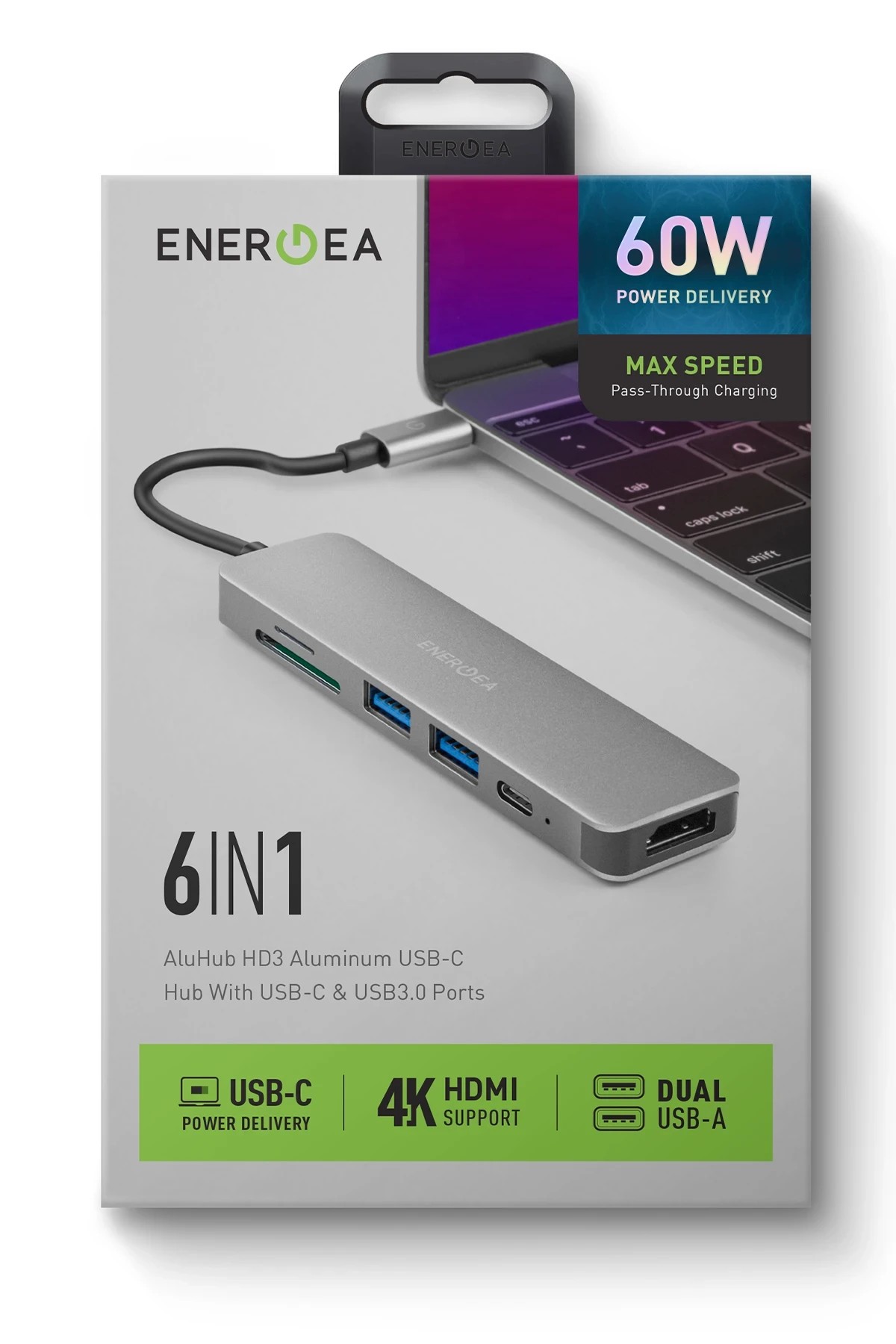 Energea AluHub HD3 60W Type-C PD Şarj Destekli 6in1 4K Hub Dönüştürücü